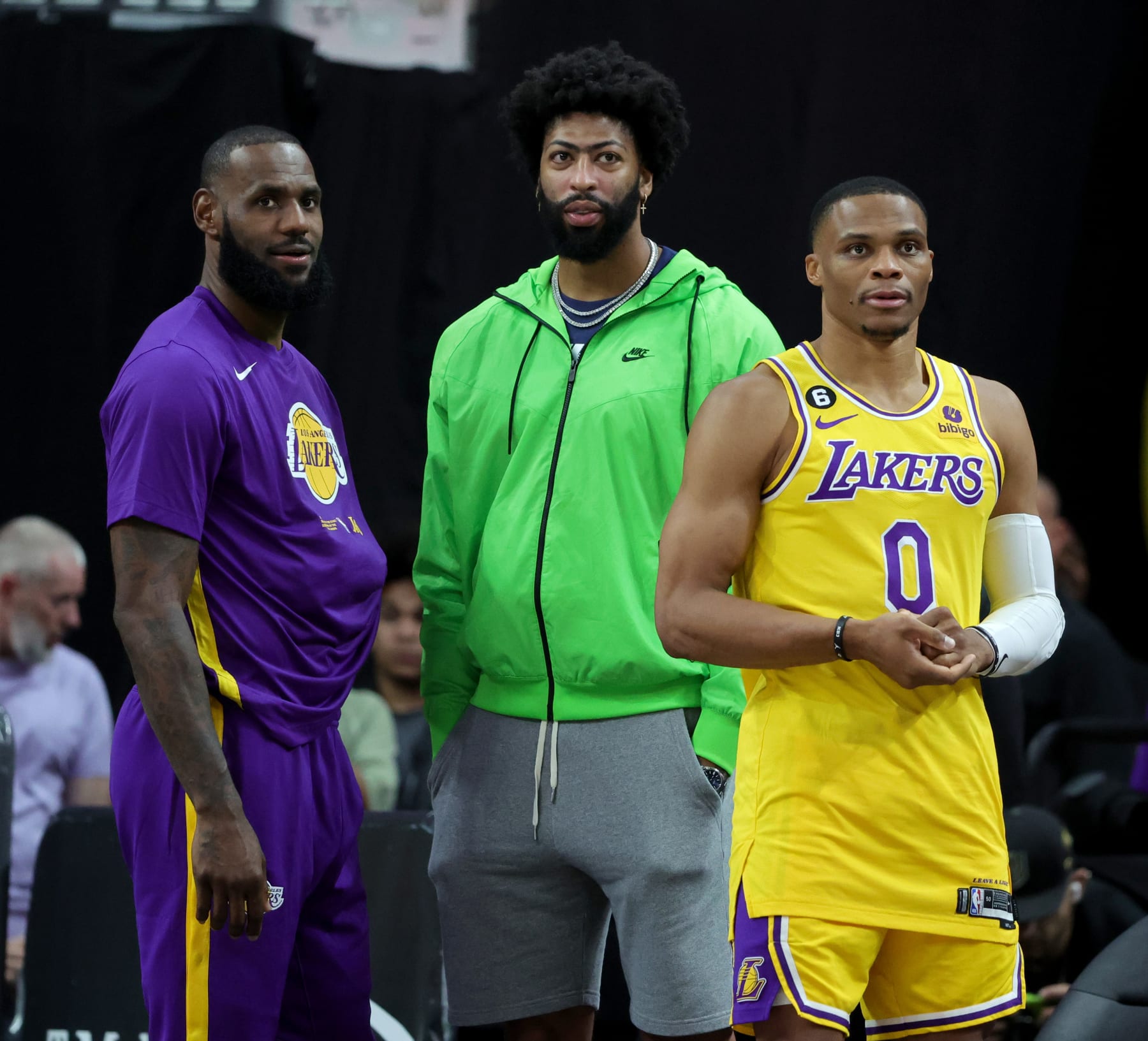 LAS VEGAS, NEVADA - OCTOBER 05: (L-R) LeBron James #6, Anthony Davis #3 and Russell Westbrook #0 of the Los Angeles Lakers look on from the sideline in the fourth quarter of their preseason game against the Phoenix Suns at T-Mobile Arena on October 05, 2022 in Las Vegas, Nevada. The Suns defeated the Lakers 119-115. NOTE TO USER: User expressly acknowledges and agrees that, by downloading and or using this photograph, User is consenting to the terms and conditions of the Getty Images License Agreement. (Photo by Ethan Miller/Getty Images)