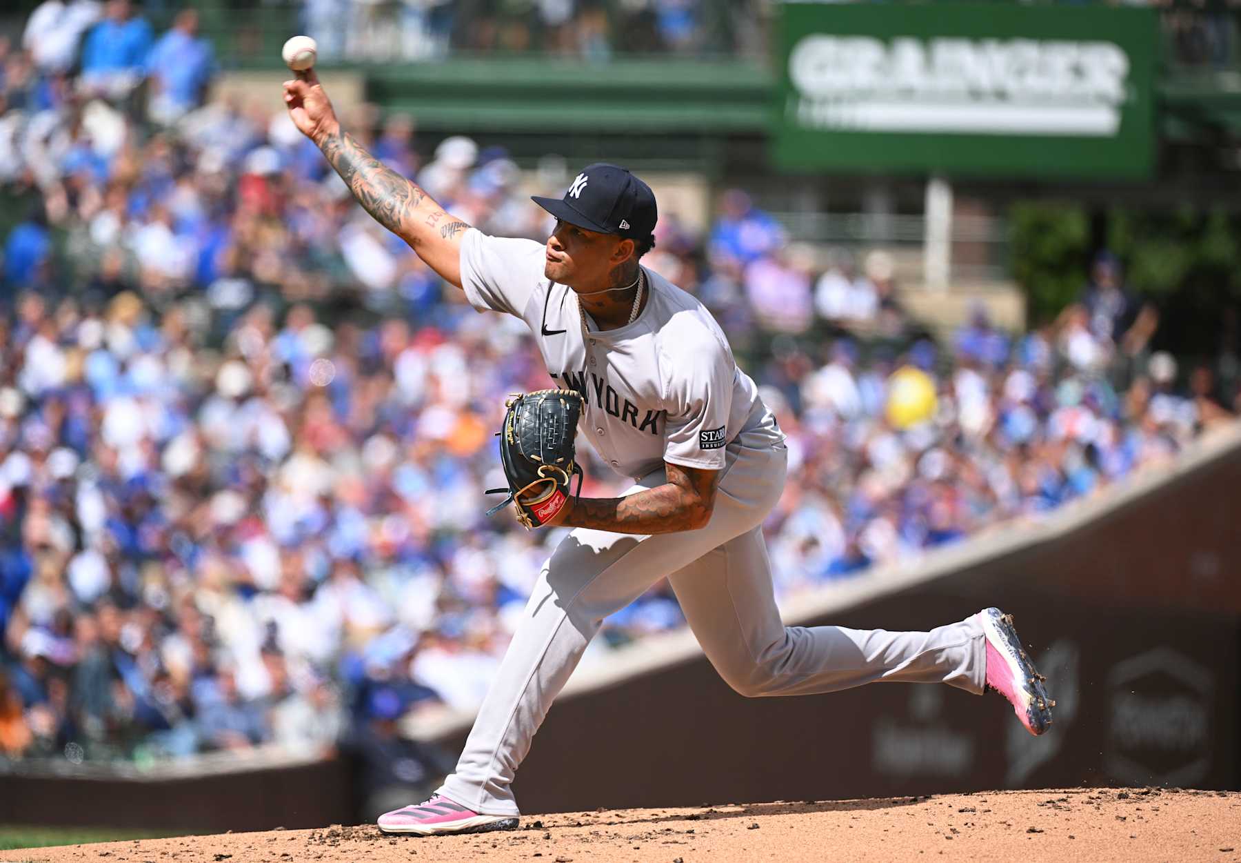 CHICAGO, ILLINOIS - SEPTEMBER 06: Luis Gil #81 of the New York Yankees throws a pitch during the first inning of a game against the Chicago Cubs at Wrigley Field on September 06, 2024 in Chicago, Illinois. (Photo by Nuccio DiNuzzo/Getty Images)