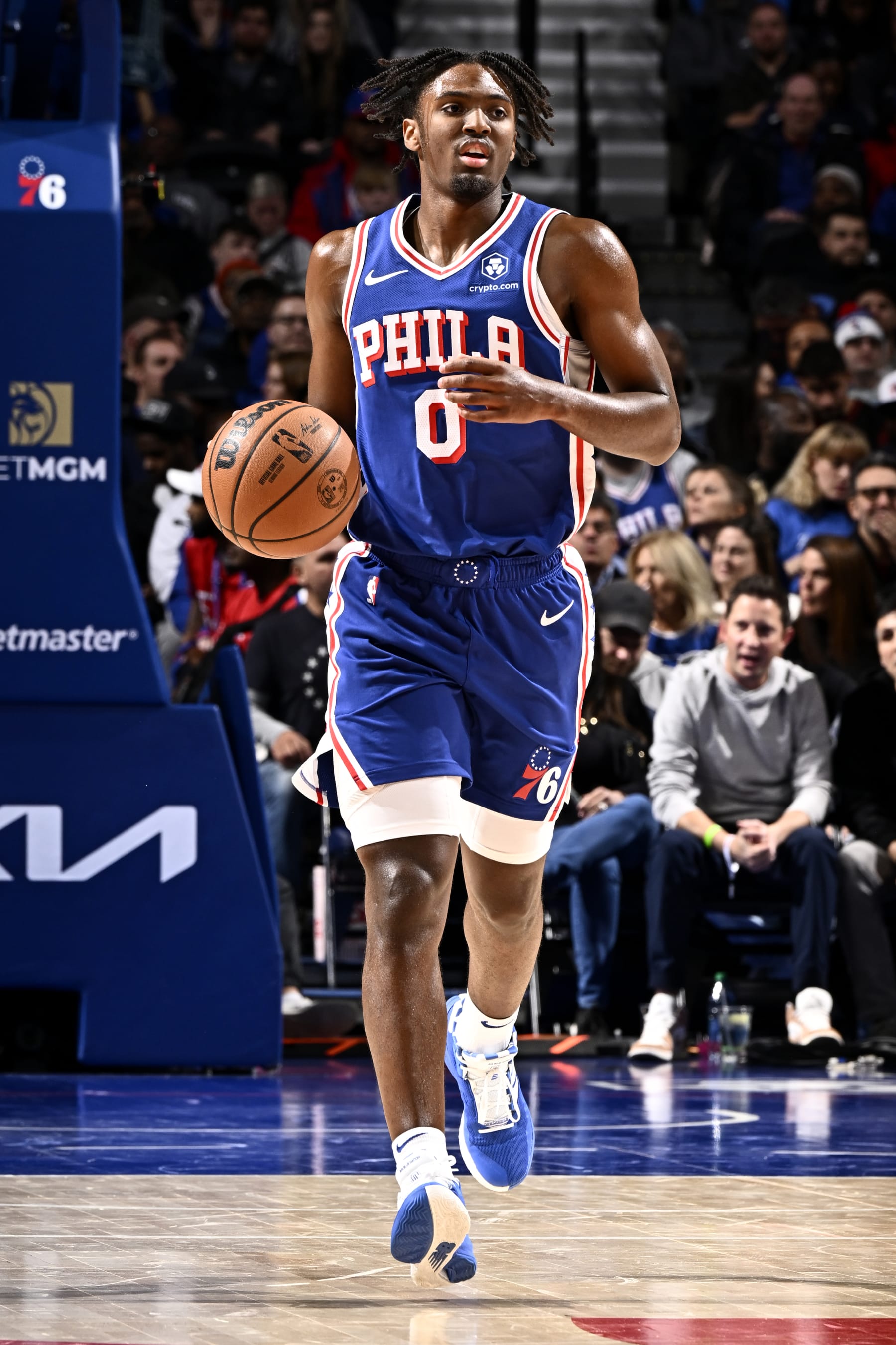PHILADELPHIA, PA - NOVEMBER 2: Tyrese Maxey #0 of the Philadelphia 76ers dribbles the ball during the game against the Toronto Raptors on November 2, 2023 at the Wells Fargo Center in Philadelphia, Pennsylvania NOTE TO USER: User expressly acknowledges and agrees that, by downloading and/or using this Photograph, user is consenting to the terms and conditions of the Getty Images License Agreement. Mandatory Copyright Notice: Copyright 2023 NBAE (Photo by David Dow/NBAE via Getty Images)