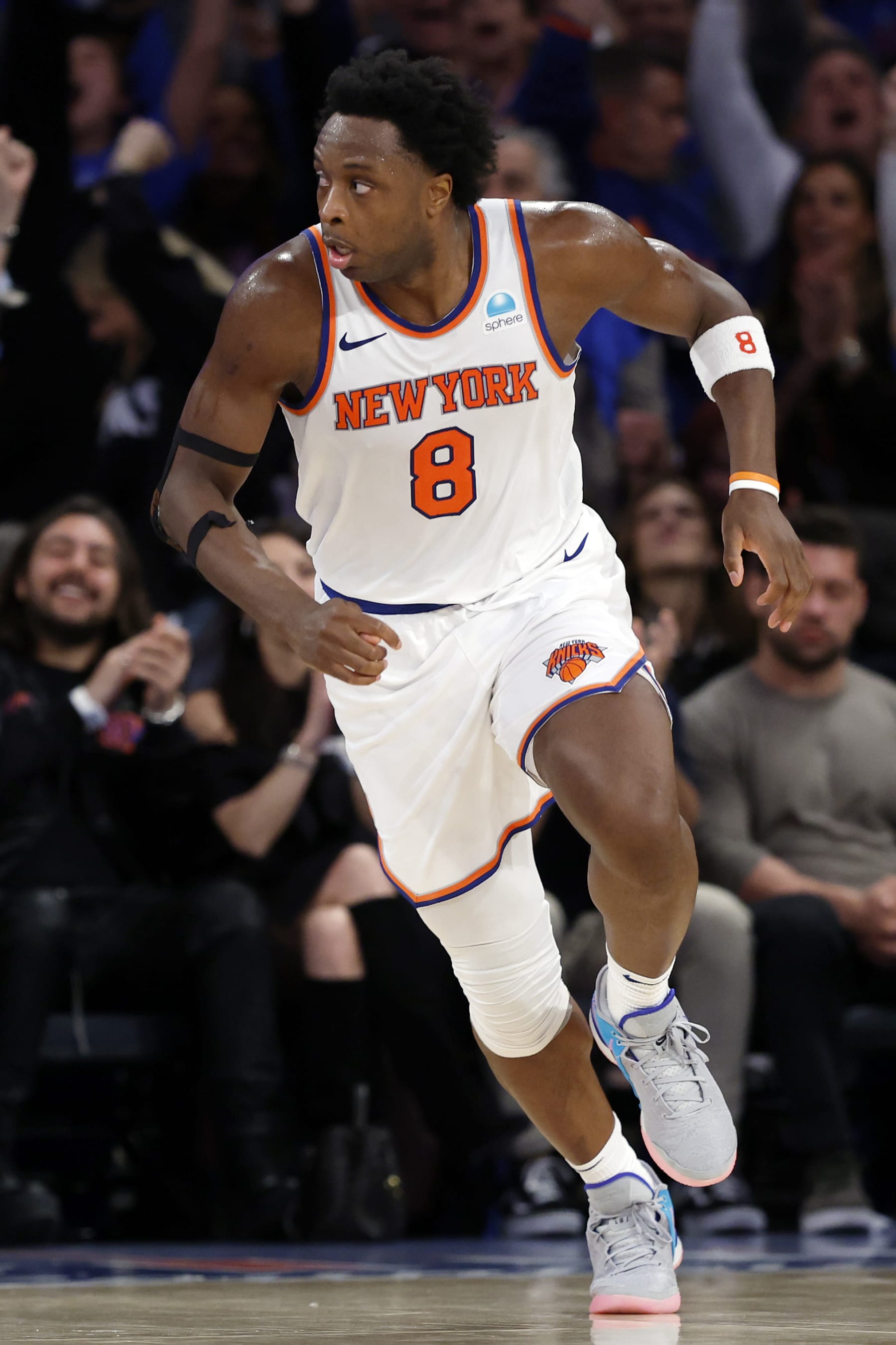 NEW YORK, NEW YORK - MAY 06: OG Anunoby #8 of the New York Knicks in action against the Indiana Pacers during Game One of the Eastern Conference Second Round Playoffs at Madison Square Garden on May 06, 2024 in New York City. NOTE TO USER: User expressly acknowledges and agrees that, by downloading and or using this photograph, User is consenting to the terms and conditions of the Getty Images License Agreement.  (Photo by Sarah Stier/Getty Images)