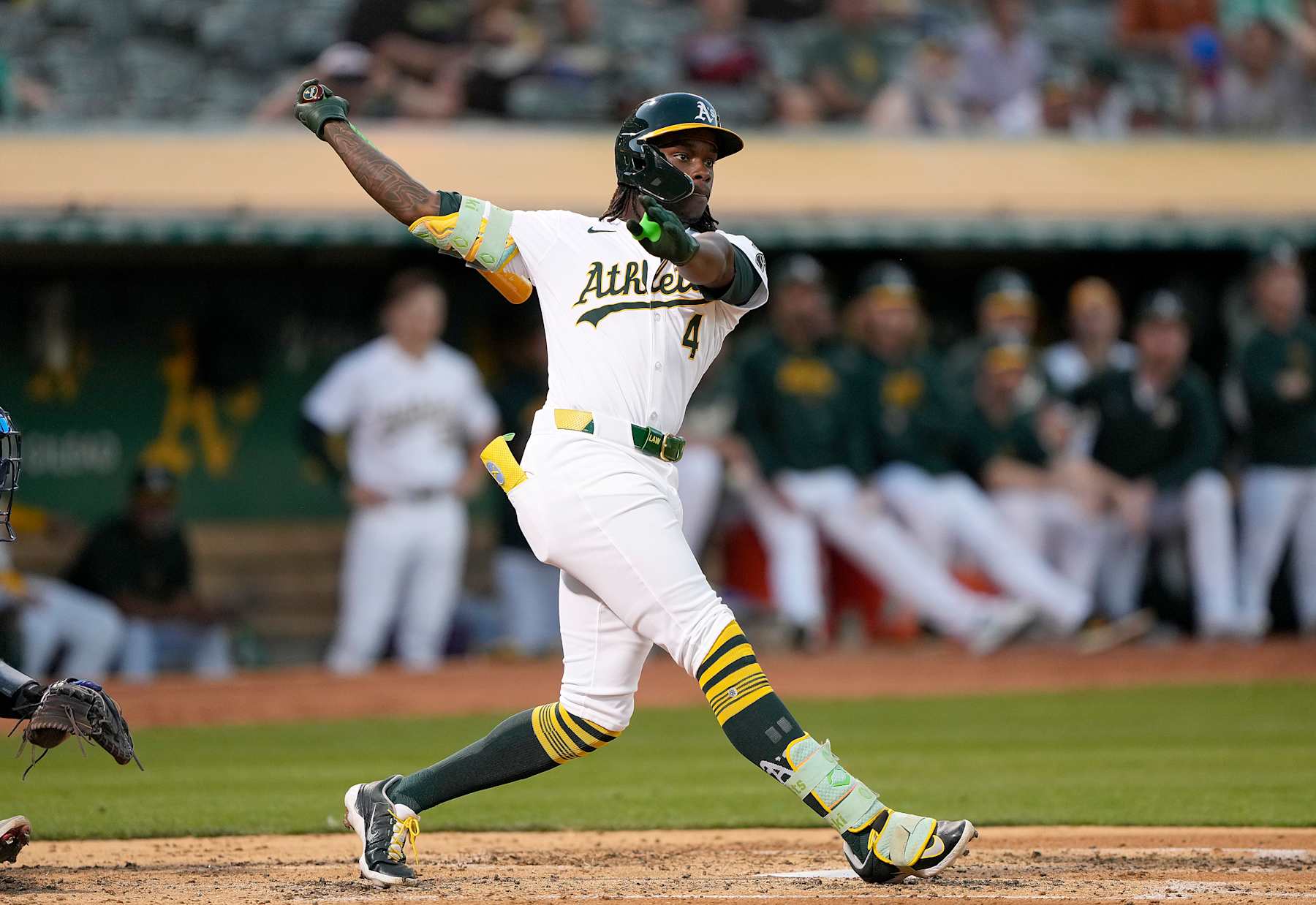 OAKLAND, CALIFORNIA - SEPTEMBER 03: Lawrence Butler #4 of the Oakland Athletics bats against the Seattle Mariners in the bottom of the third inning at the Oakland Coliseum on September 3, 2024 in Oakland, California. (Photo by Thearon W. Henderson/Getty Images)