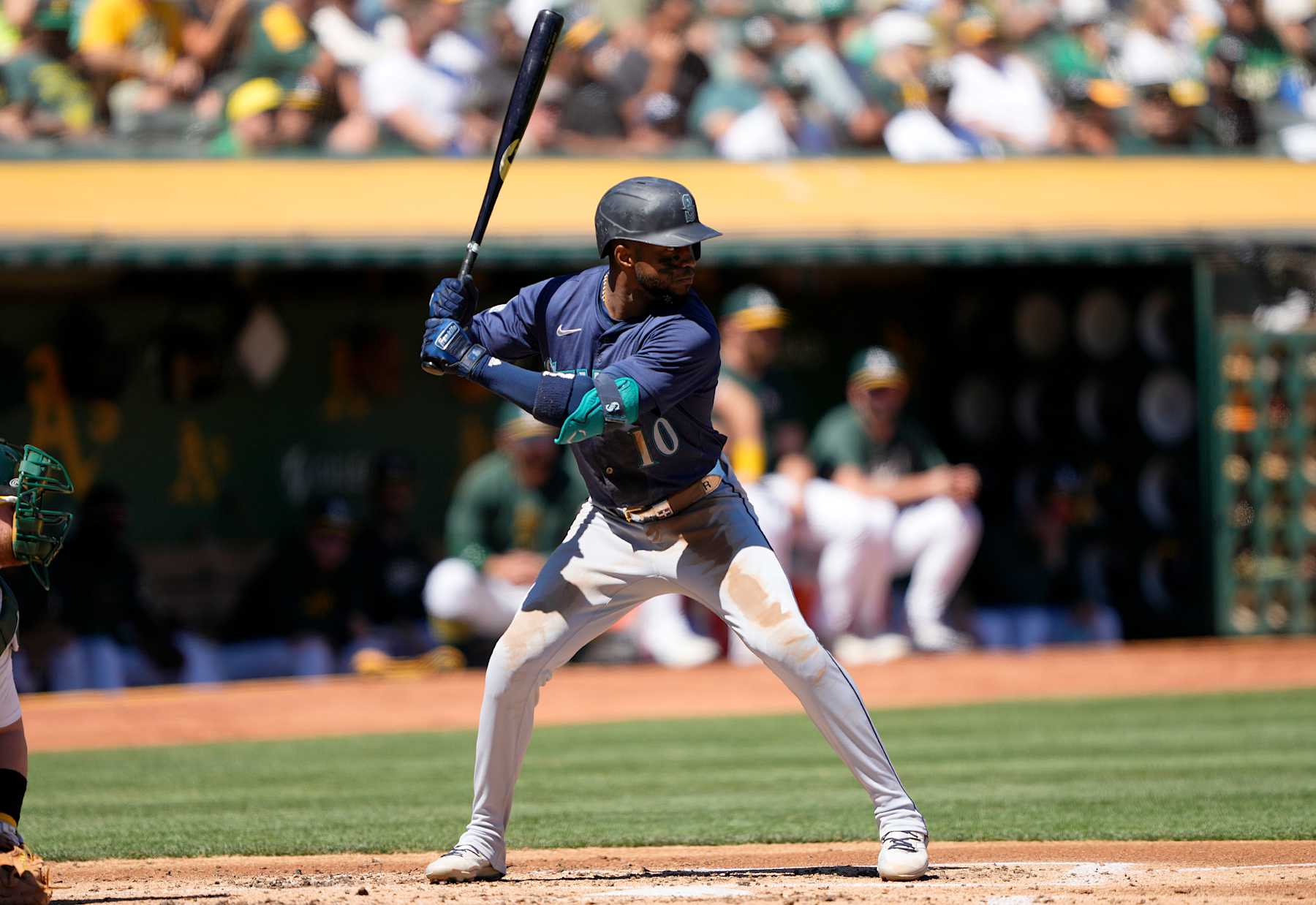 OAKLAND, CALIFORNIA - SEPTEMBER 05: Victor Robles #10 of the Seattle Mariners bats against the Oakland Athletics in the top of the second inning at the Oakland Coliseum on September 5, 2024 in Oakland, California. (Photo by Thearon W. Henderson/Getty Images)