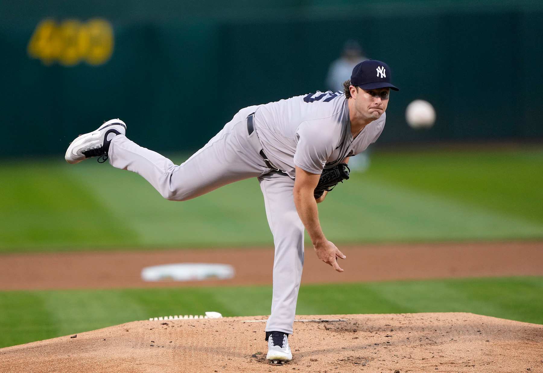 OAKLAND, CALIFORNIA - SEPTEMBER 20: Gerrit Cole #45 of the New York Yankees pitches against the Oakland Athletics in the bottom of the first inning at the Oakland Coliseum on September 20, 2024 in Oakland, California. (Photo by Thearon W. Henderson/Getty Images)
