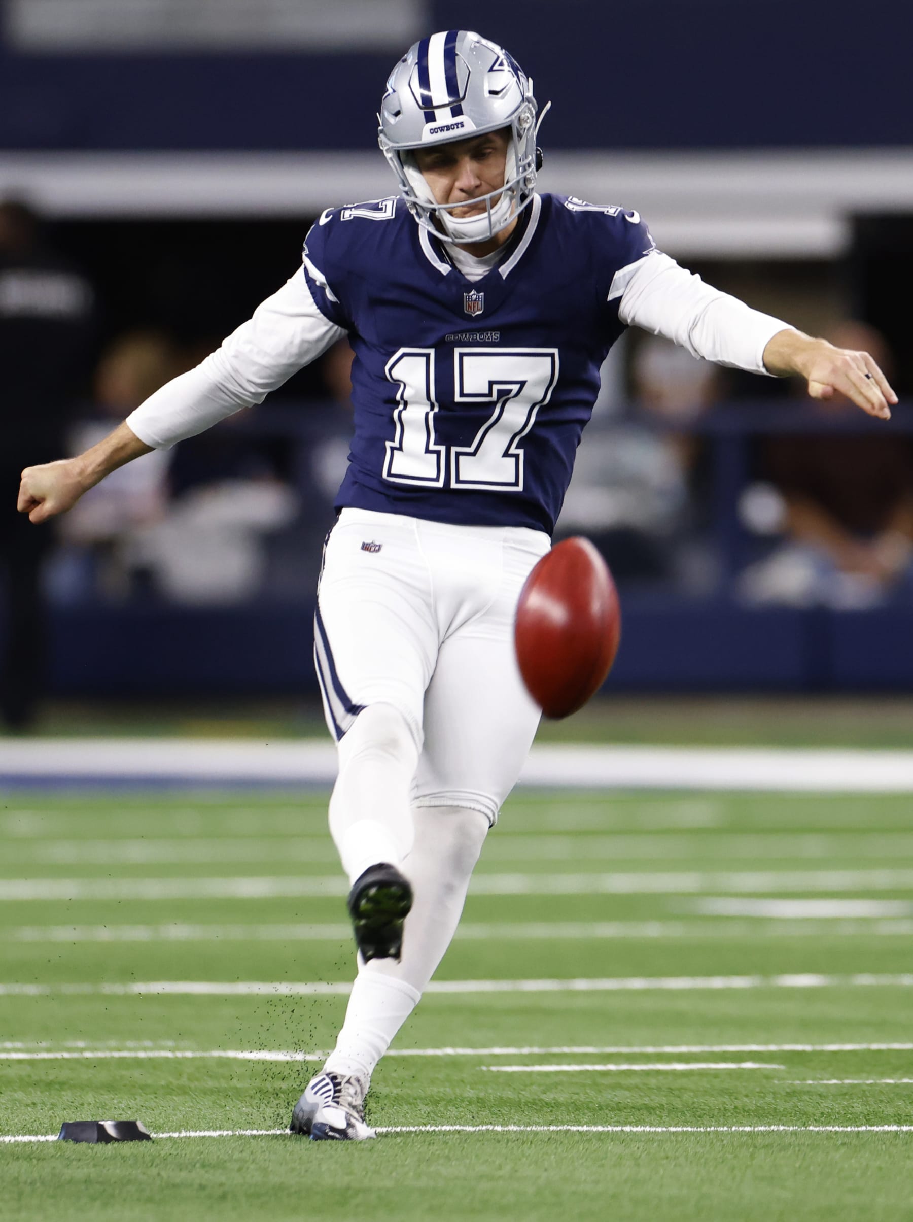ARLINGTON, TEXAS - OCTOBER 29: Brandon Aubrey #17 of the Dallas Cowboys kicks off against the Los Angeles Rams at AT&T Stadium on October 29, 2023 in Arlington, Texas. (Photo by Ron Jenkins/Getty Images)