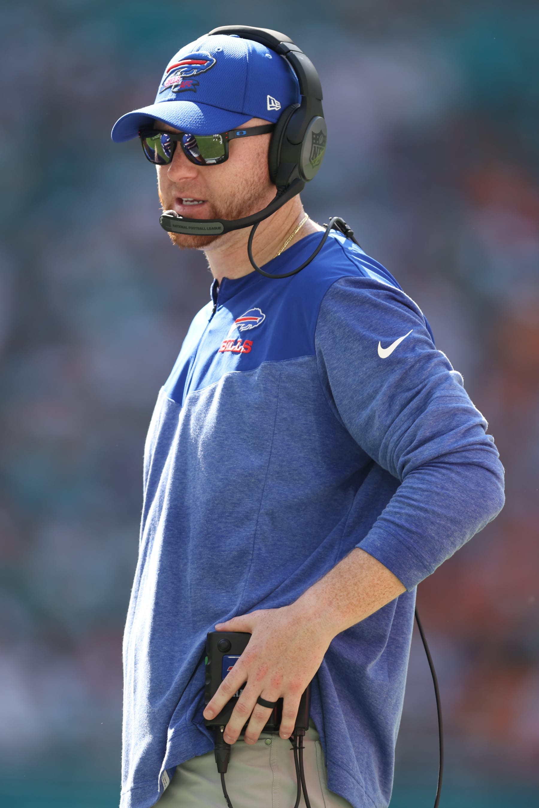 MIAMI GARDENS, FL - SEPTEMBER 25: Wuarterbacks coach Joe Brady of the Buffalo Bills stands on the sideline against the Miami Dolphins during the game at Hard Rock Stadium on September 25, 2022 in Miami Gardens, Florida. (Photo by Perry Knotts/Getty Images)