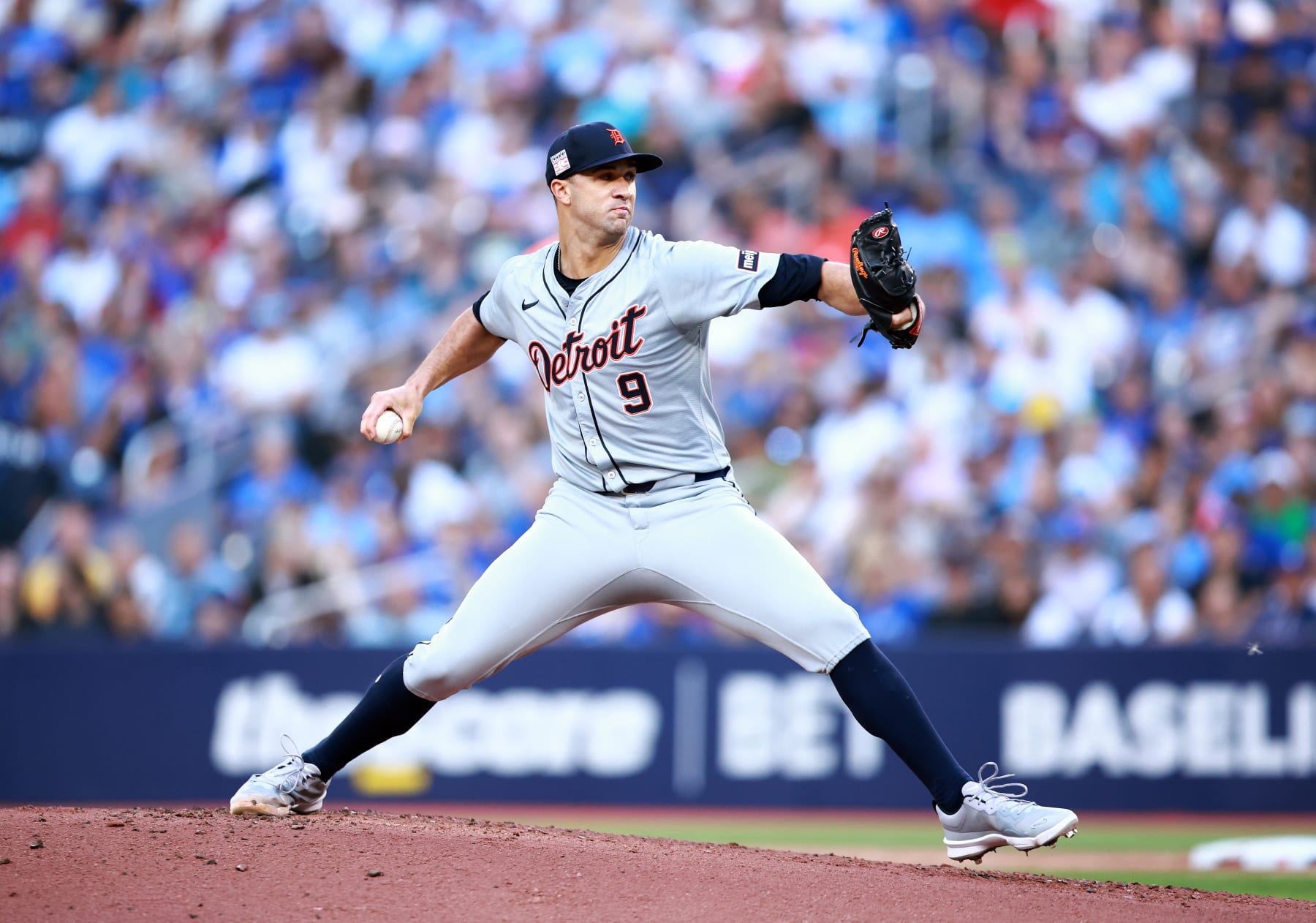 TORONTO, ON - JULY 19:  Jack Flaherty #9 of the Detroit Tigers delivers a pitch in the first inning during a game against the Toronto Blue Jays at Rogers Centre on July 19, 2024 in Toronto, Ontario, Canada.  (Photo by Vaughn Ridley/Getty Images)