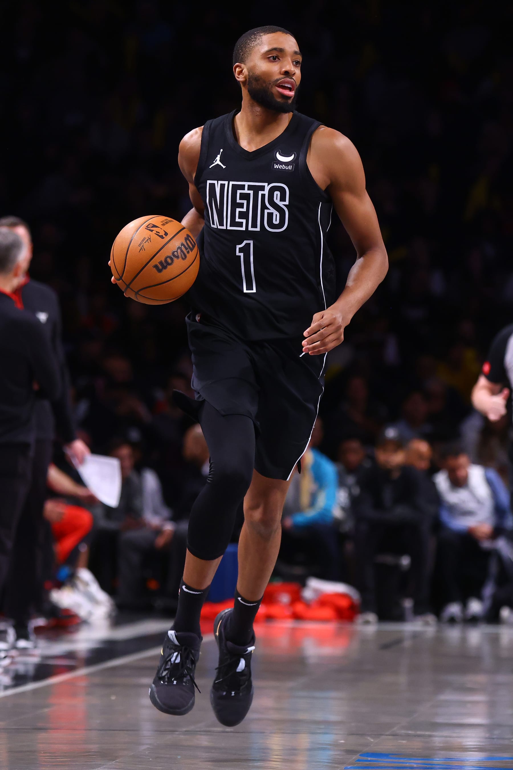 NEW YORK, NEW YORK - MARCH 29: Mikal Bridges #1 of the Brooklyn Nets in action against the Chicago Bulls at Barclays Center on March 29, 2024 in New York City. NOTE TO USER: User expressly acknowledges and agrees that, by downloading and or using this photograph, User is consenting to the terms and conditions of the Getty Images License Agreement. Brooklyn Nets defeated the Chicago Bulls 125-108. (Photo by Mike Stobe/Getty Images)