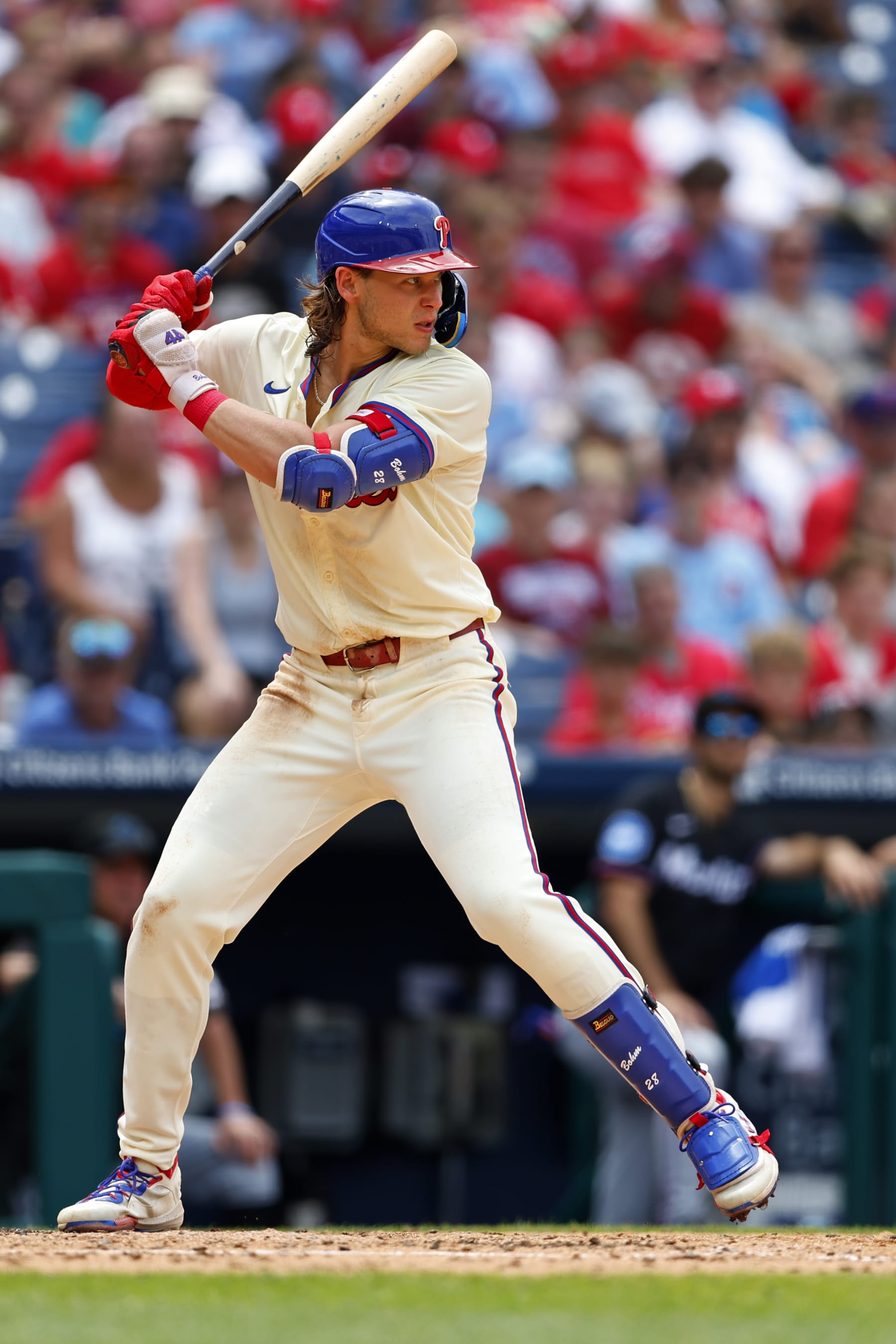 PHILADELPHIA, PENNSYLVANIA - JUNE 30: Alec Bohm #28 of the Philadelphia Phillies in action against the Miami Marlins during a game at Citizens Bank Park on June 30, 2024 in Philadelphia, Pennsylvania. (Photo by Rich Schultz/Getty Images)