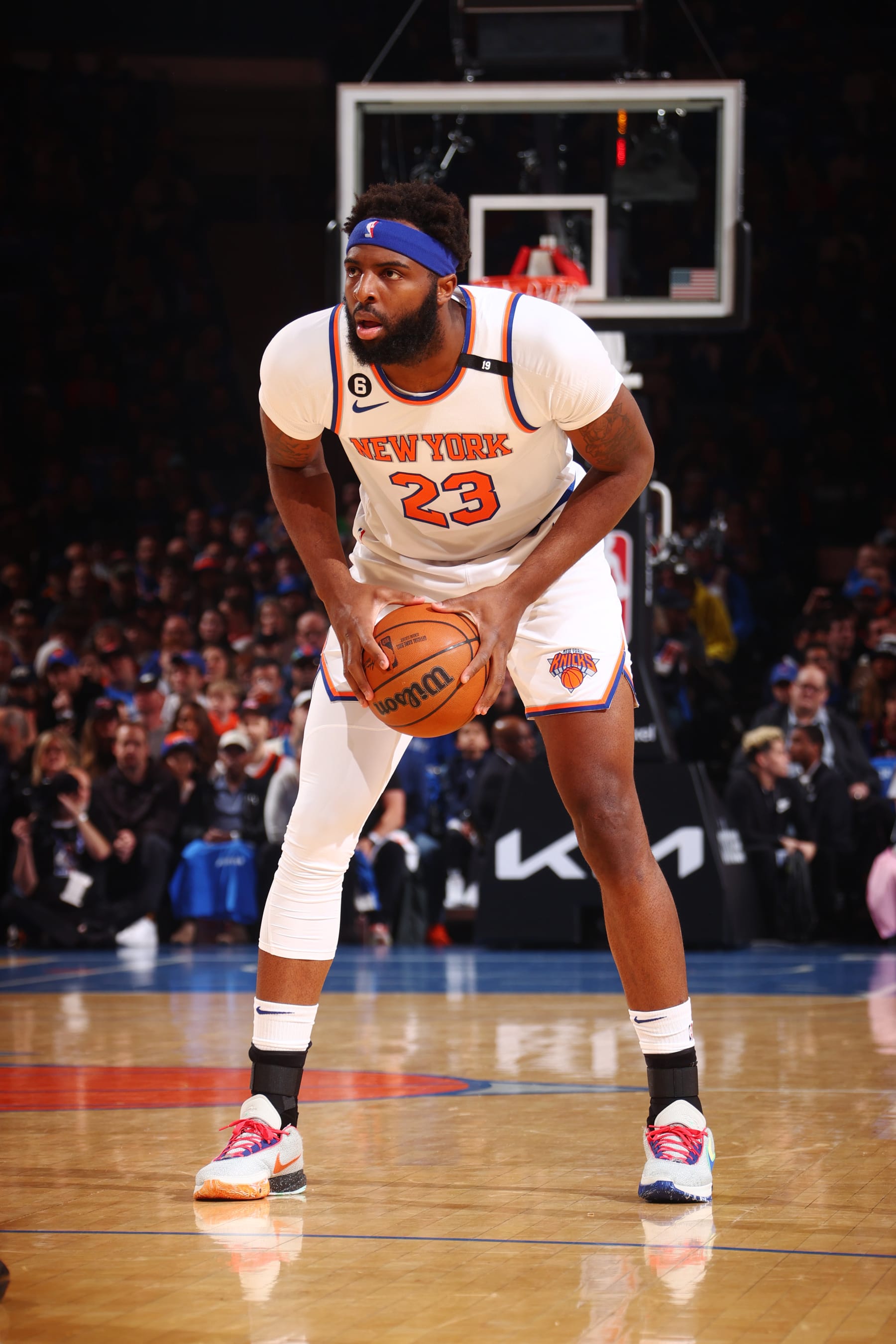 NEW YORK, NY - APRIL 30: Mitchell Robinson #23 of the New York Knicks looks to pass the ball during Game 1 of the Eastern Conference Semi-Finals of the 2023 NBA Playoffs against the Miami Heat on April 30, 2023 at Madison Square Garden in New York City, New York.  NOTE TO USER: User expressly acknowledges and agrees that, by downloading and or using this photograph, User is consenting to the terms and conditions of the Getty Images License Agreement. Mandatory Copyright Notice: Copyright 2023 NBAE  (Photo by Nathaniel S. Butler/NBAE via Getty Images)