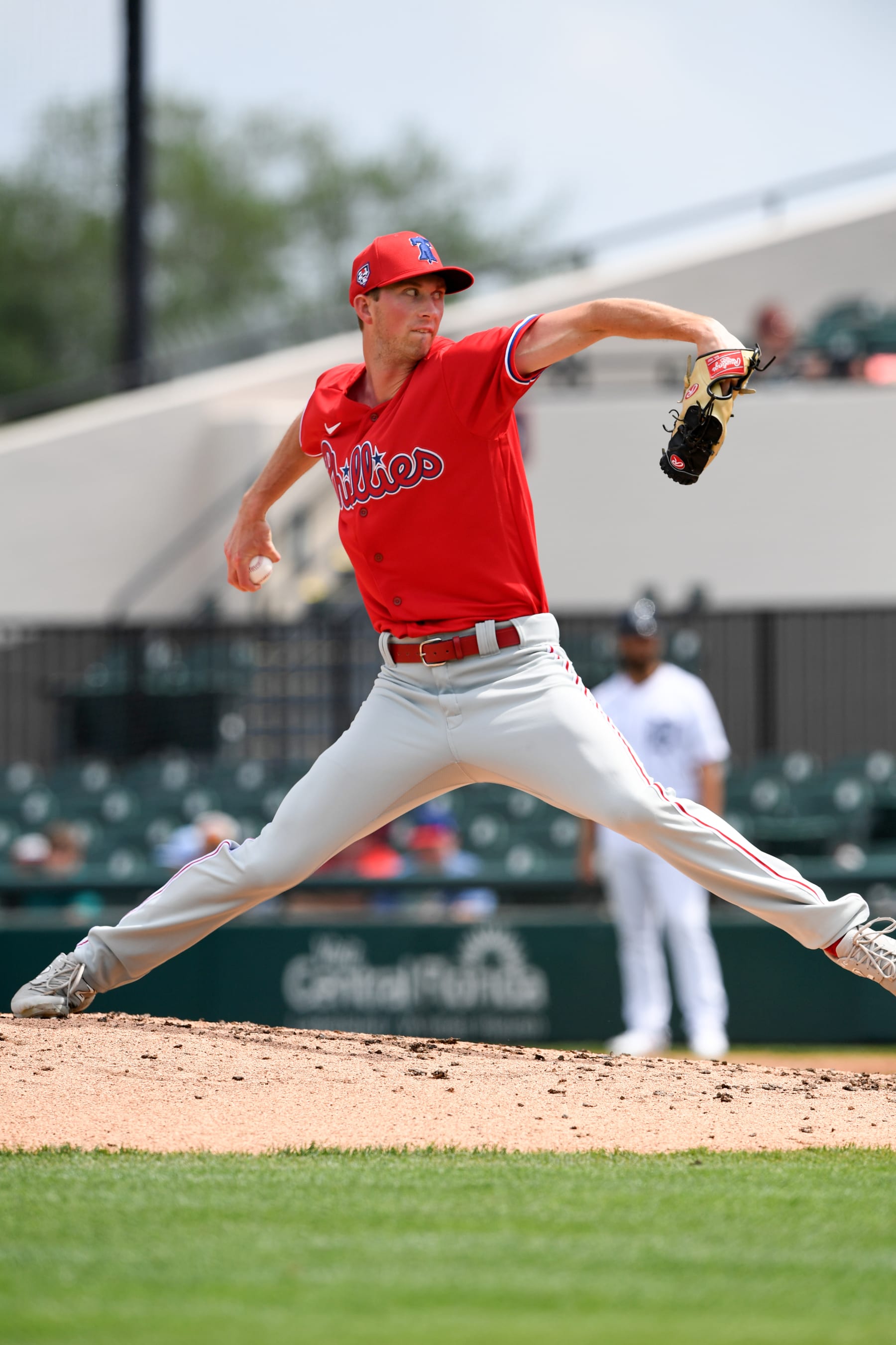 LAKELAND, FLORIDA - MARCH 16, 2024: Michael Mercado #63 of the Philadelphia Phillies throws a pitch during the third inning of a spring training Spring Breakout game against the Detroit Tigers at Publix Field at Joker Marchant Stadium on March 16, 2024 in Lakeland, Florida. (Photo by George Kubas/Diamond Images via Getty Images)