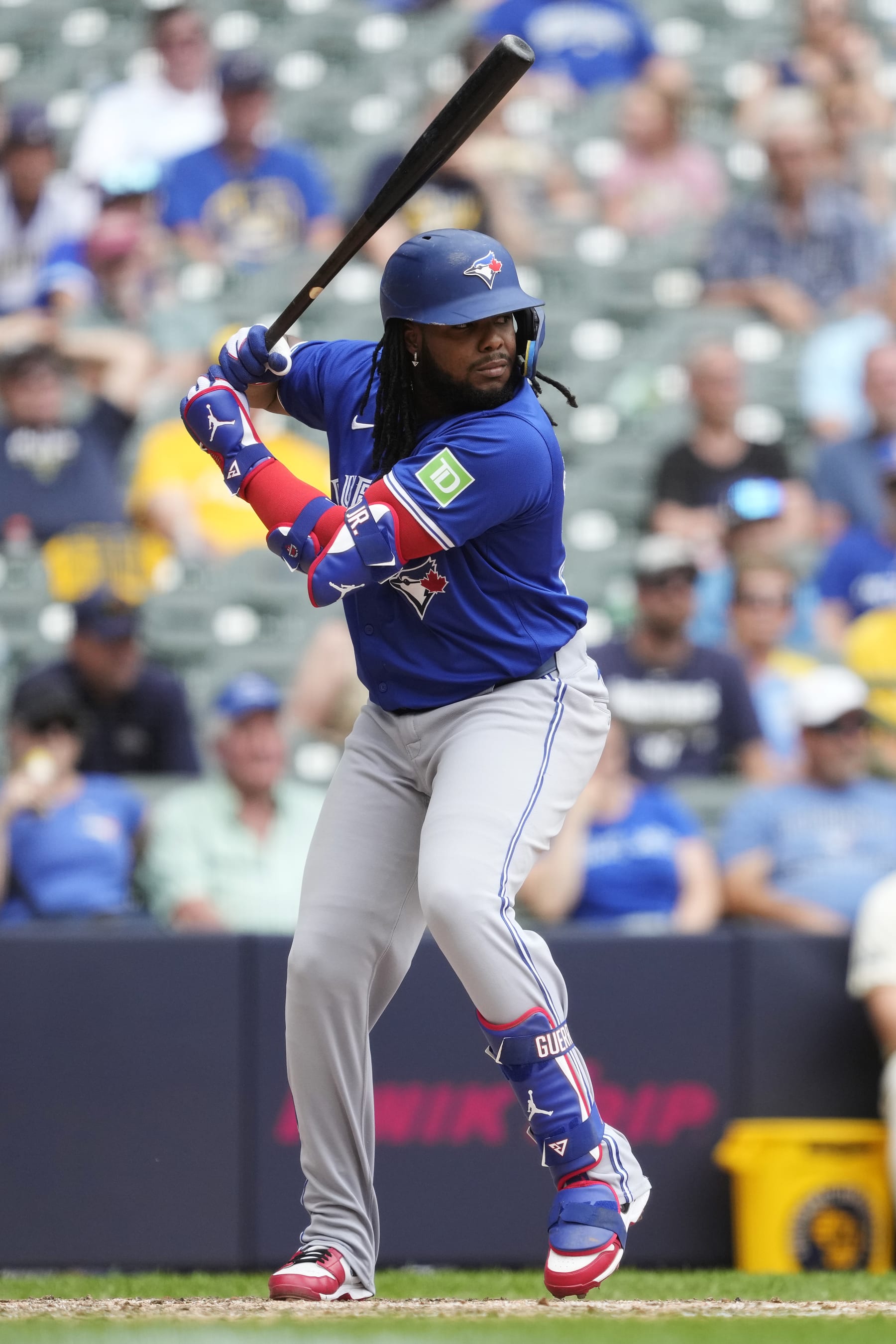 MILWAUKEE, WISCONSIN - JUNE 12: Vladimir Guerrero Jr. #27 of the Toronto Blue Jays bats in the top of the ninth inning against the Milwaukee Brewers at American Family Field on June 12, 2024 in Milwaukee, Wisconsin. (Photo by Patrick McDermott/Getty Images)