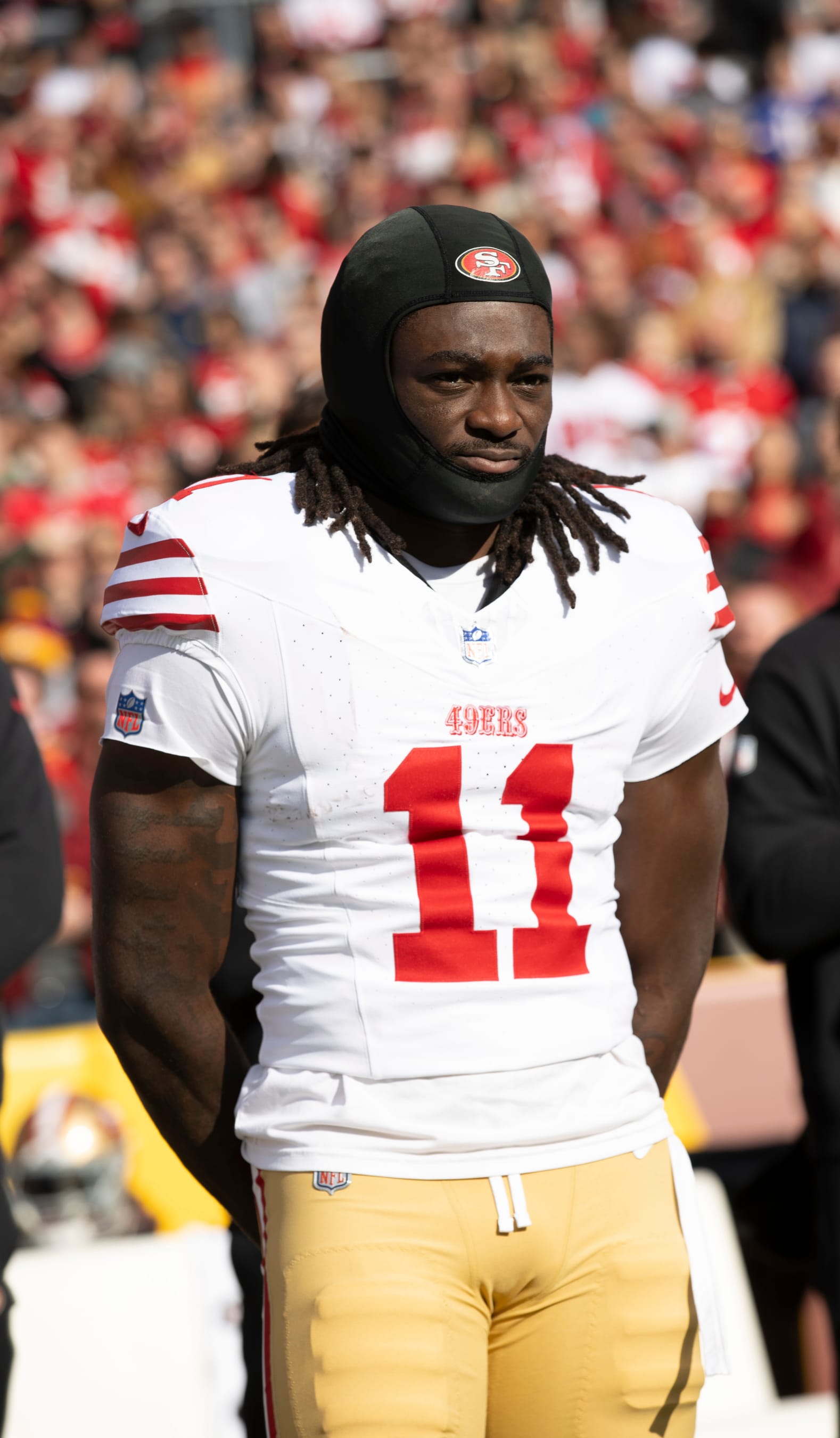 LANDOVER, MD - DECEMBER 31: Brandon Aiyuk #11 of the San Francisco 49ers on the sideline before the game against the Washington Commanders at FedEx Field on December 31, 2023 in Landover, Maryland. The 49ers defeated the Commanders 27-10. (Photo by Michael Zagaris/San Francisco 49ers/Getty Images)