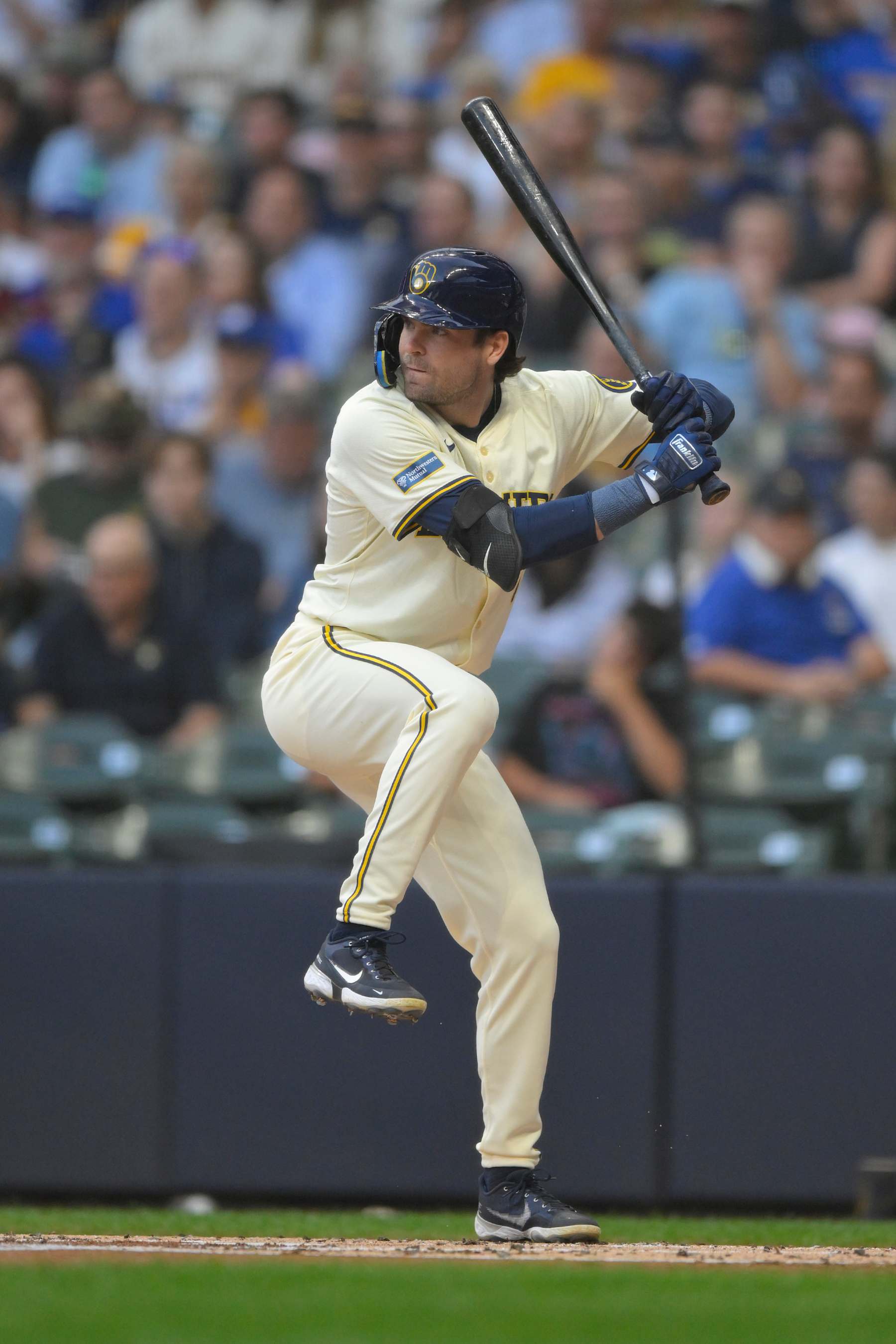 MILWAUKEE, WI - AUGUST 13: Milwaukee Brewers designated hitter Tyler Black (7) at the plate during a MLB game between the Milwaukee Brewers and Los Angeles Dodgers on August 13, 2024, at American Family Field in Milwaukee, WI. (Photo by Nick Wosika/Icon Sportswire via Getty Images)