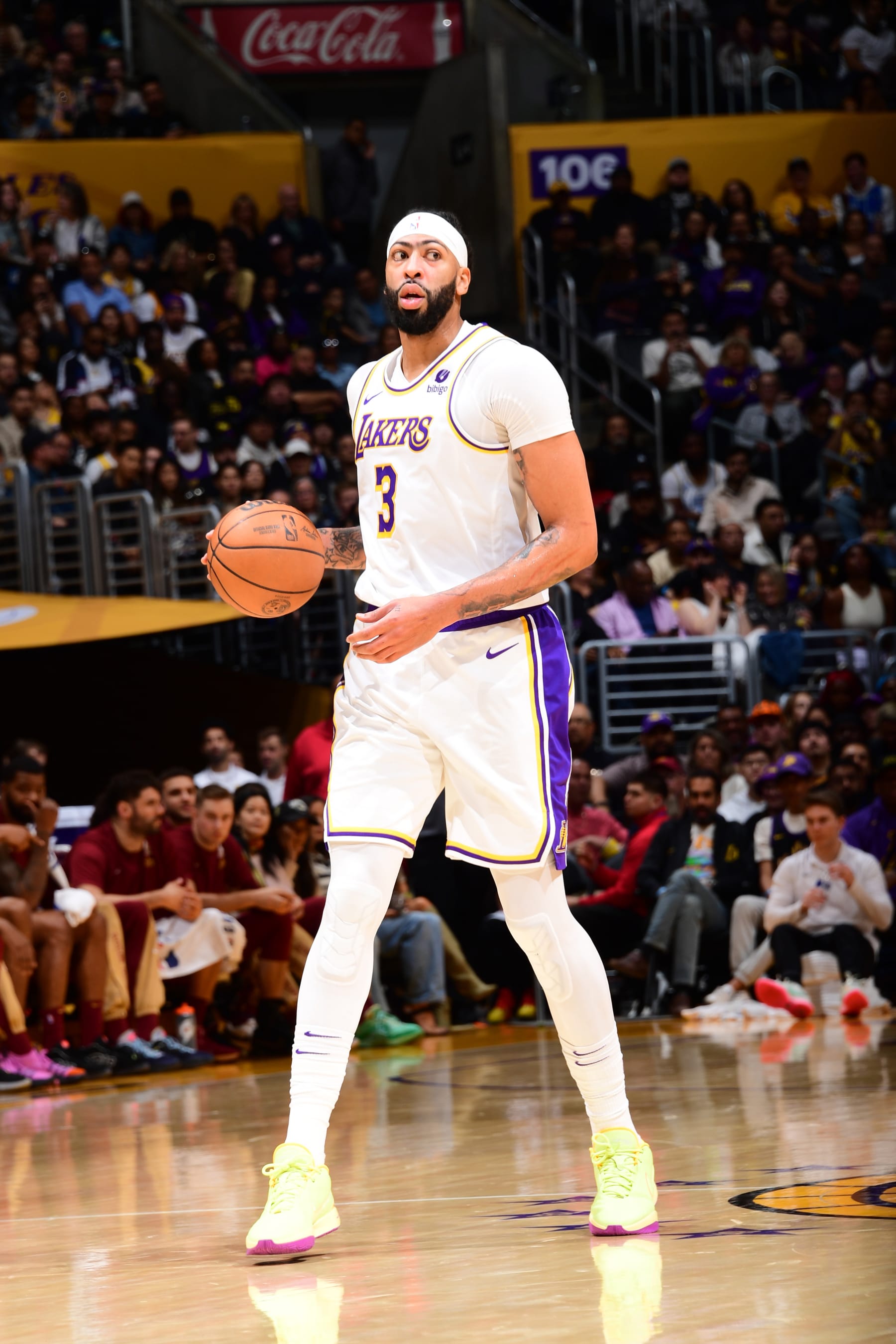 LOS ANGELES, CA - APRIL 6: Anthony Davis #3 of the Los Angeles Lakers dribbles the ball during the game against the Cleveland Cavaliers on April 6, 2024 at Crypto.Com Arena in Los Angeles, California. NOTE TO USER: User expressly acknowledges and agrees that, by downloading and/or using this Photograph, user is consenting to the terms and conditions of the Getty Images License Agreement. Mandatory Copyright Notice: Copyright 2024 NBAE (Photo by Adam Pantozzi/NBAE via Getty Images)