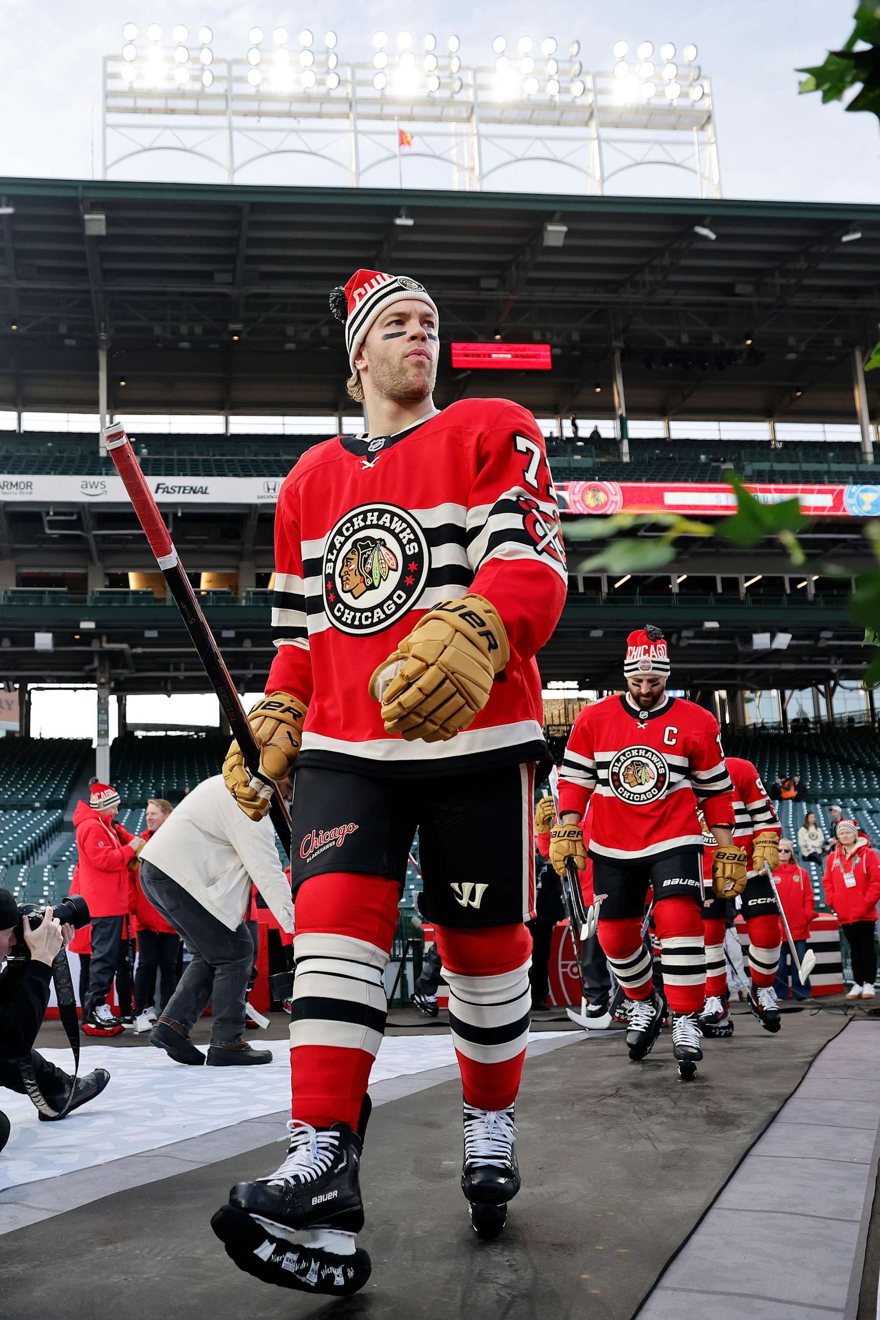 CHICAGO, ILLINOIS - DECEMBER 30: Taylor Hall #71 of the Chicago Blackhawks takes the ice before practice prior to the 2024 NHL Winter Classic against the St. Louis Blues at Wrigley Field on December 30, 2024 in Chicago, Illinois.  (Photo by Michael Reaves/Getty Images)