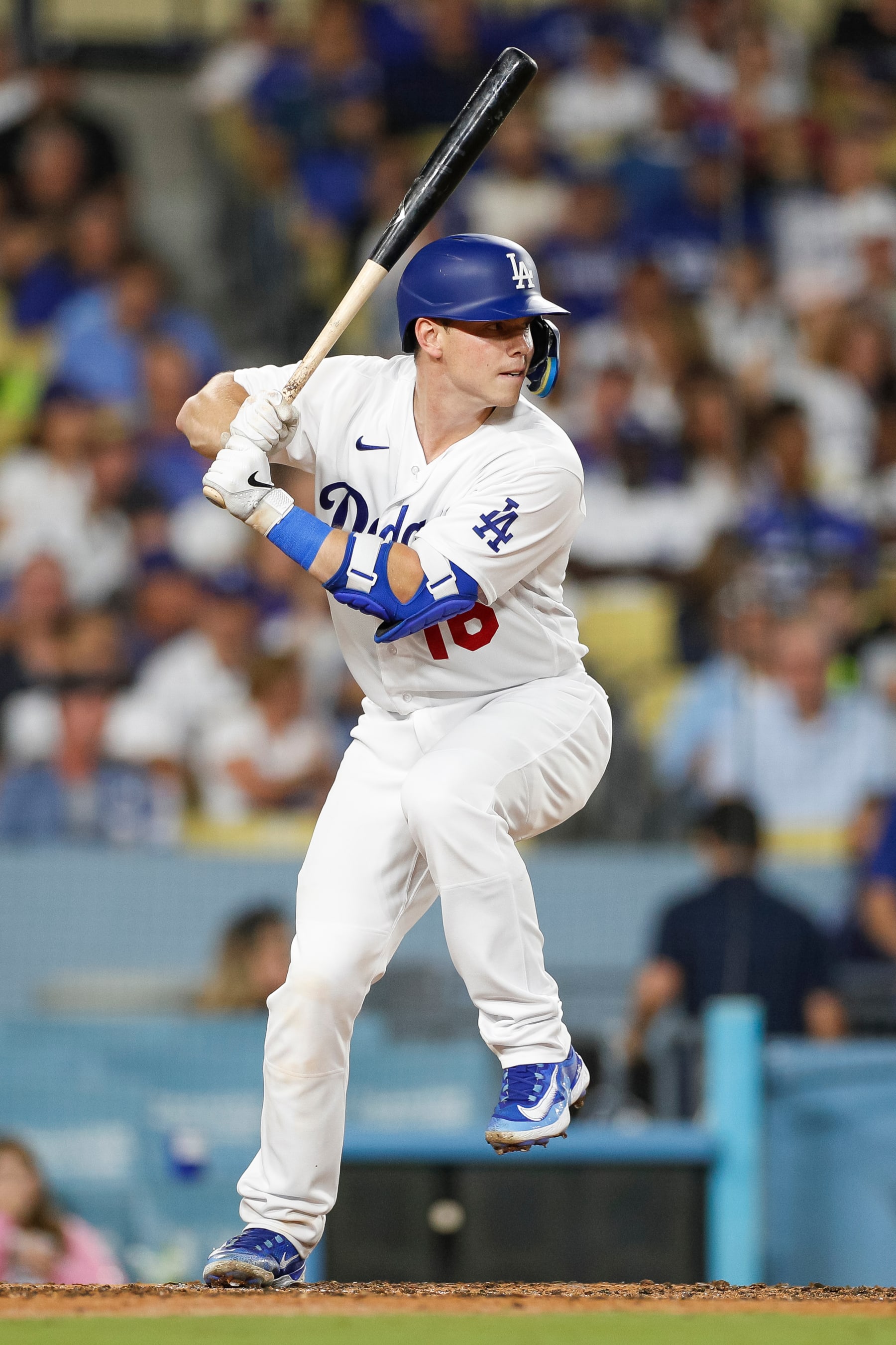 LOS ANGELES, CALIFORNIA - AUGUST 31: Will Smith #16 of the Los Angeles Dodgers at bat during the fourth inning against the Atlanta Braves at Dodger Stadium on August 31, 2023 in Los Angeles, California. (Photo by Brandon Sloter/Image Of Sport/Getty Images)