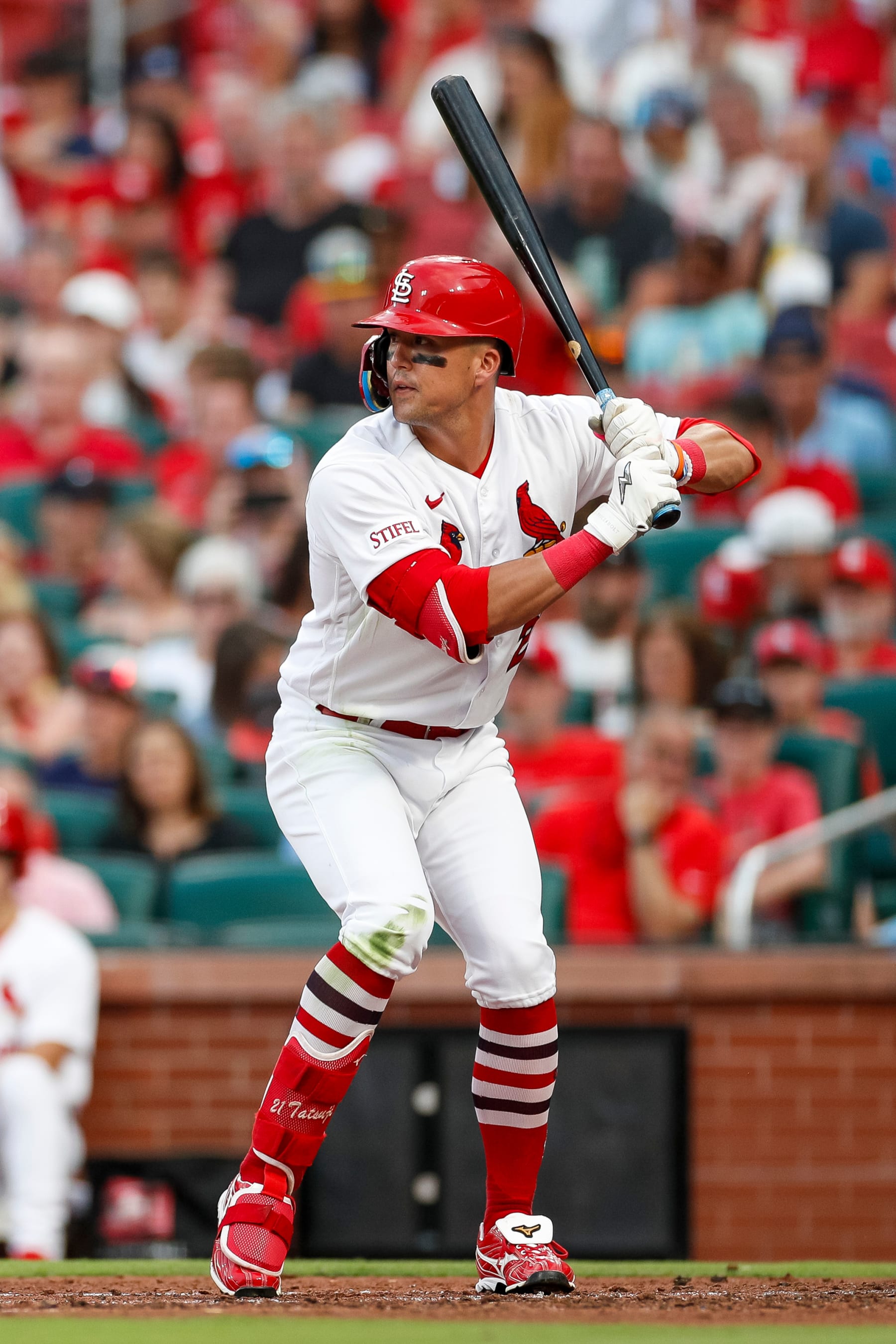 ST. LOUIS, MO - JULY 18: Lars Nootbaar #21 of the St. Louis Cardinals at bat during the fourth inning against the Miami Marlins at Busch Stadium on July 18, 2023 in St. Louis, Missouri. (Photo by Brandon Sloter/Image Of Sport/Getty Images)