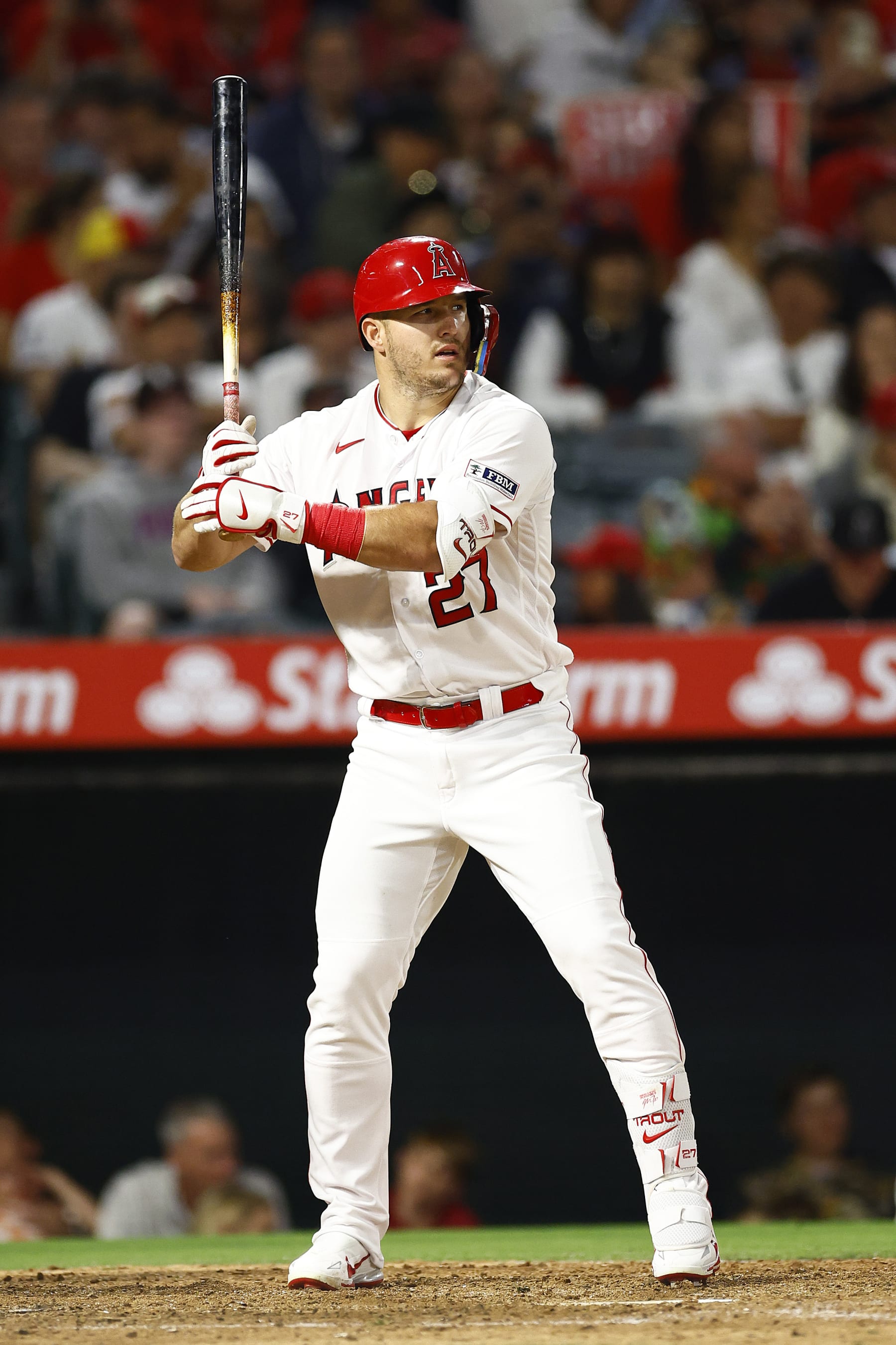 ANAHEIM, CALIFORNIA - JUNE 26:  Mike Trout #27 of the Los Angeles Angels at Angel Stadium of Anaheim on June 26, 2023 in Anaheim, California. (Photo by Ronald Martinez/Getty Images)