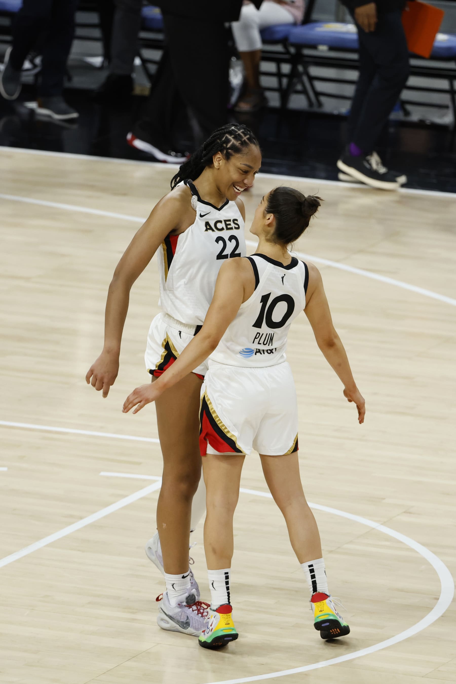CHICAGO, IL - JULY 26: A'ja Wilson #22 of the Las Vegas Aces and Kelsey Plum #10 celebrate after the 2022 WNBA Commissioner's Cup game on July 26, 2022 at the Wintrust Arena in Chicago, Illinois. NOTE TO USER: User expressly acknowledges and agrees that, by downloading and or using this photograph, user is consenting to the terms and conditions of the Getty Images License Agreement.  Mandatory Copyright Notice: Copyright 2022 NBAE (Photo by Kamil Krzaczynski/NBAE via Getty Images)