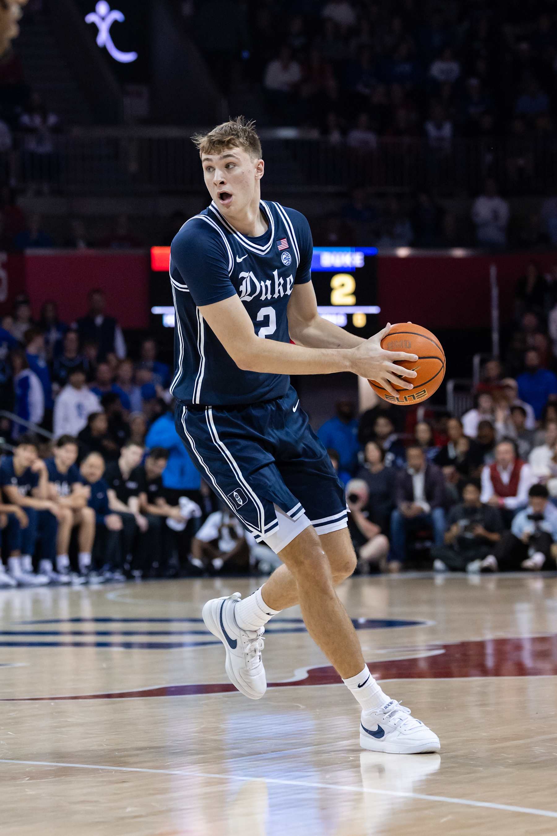 DALLAS, TX - JANUARY 04: Duke Blue Devils forward Cooper Flagg (#2) turns up court after receiving a pass during the college basketball game between the SMU Mustangs and the Duke Blue Devils on January 4, 2025, at Moody Coliseum in Dallas, TX. (Photo by Matthew Visinsky/Icon Sportswire via Getty Images) DALLAS, TX - JANUARY 04: Duke Blue Devils forward Cooper Flagg (#2) turns up court after receiving a pass during the college basketball game between the SMU Mustangs and the Duke Blue Devils on January 4, 2025, at Moody Coliseum in Dallas, TX. (Photo by Matthew Visinsky/Icon Sportswire via Getty Images)