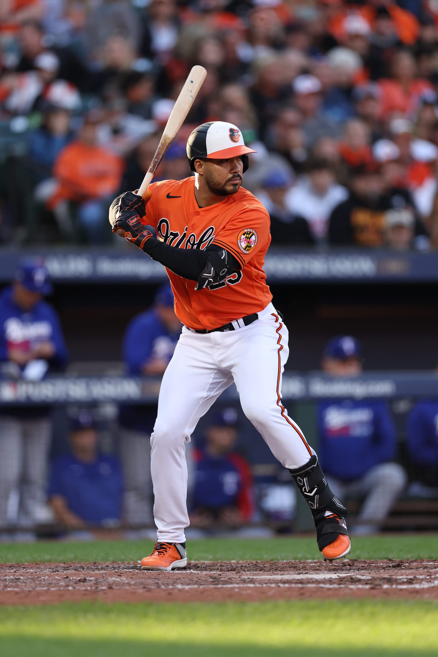 BALTIMORE, MARYLAND - OCTOBER 08: Anthony Santander #25 of the Baltimore Orioles bats against the Texas Rangers during Game Two of the American League Division Series at Oriole Park at Camden Yards on October 08, 2023 in Baltimore, Maryland. (Photo by Patrick Smith/Getty Images)
