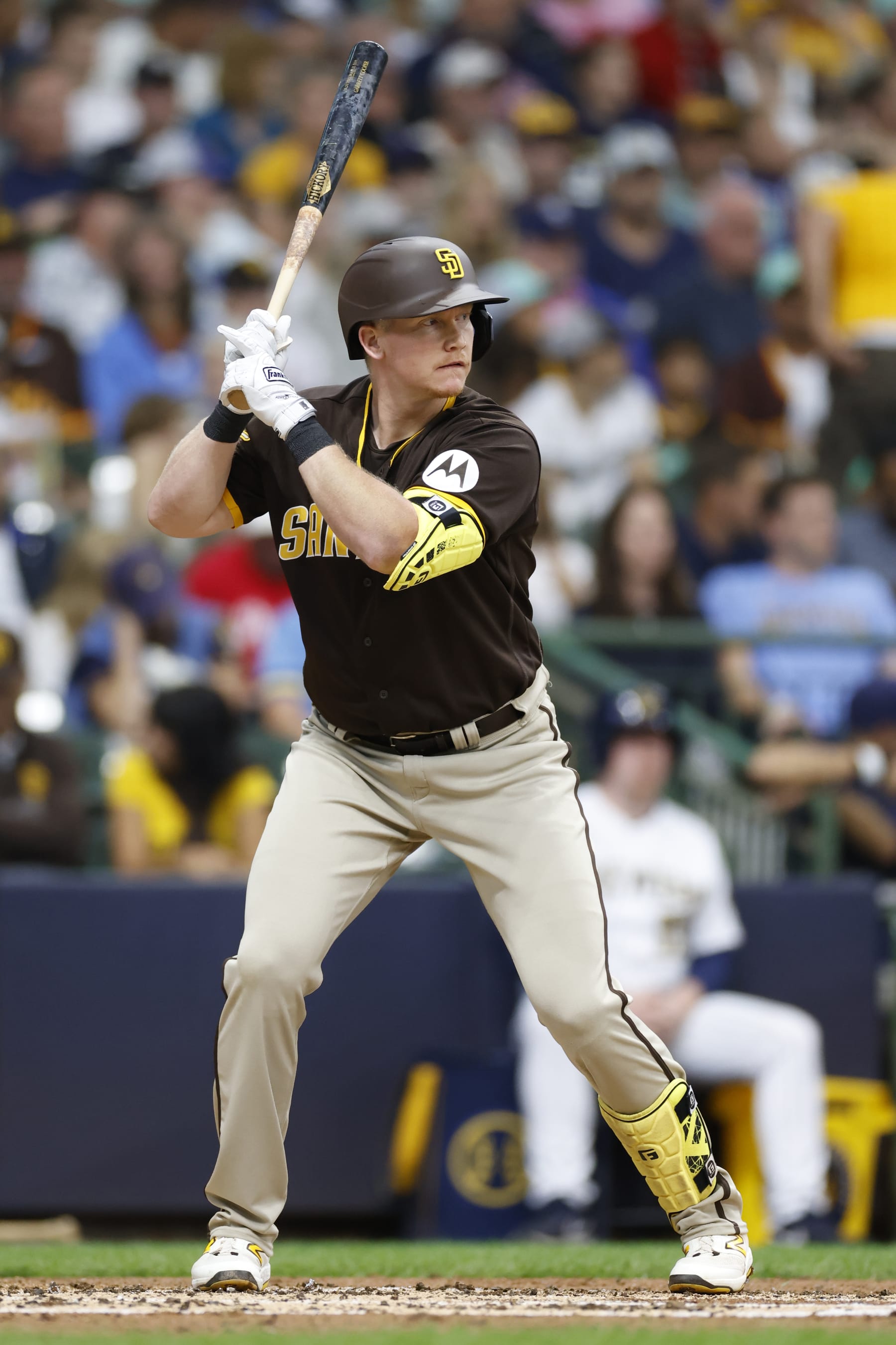 MILWAUKEE, WI - AUGUST 26: San Diego Padres first baseman Garrett Cooper (24) bats during an MLB game against the Milwaukee Brewers on August 26, 2023 at American Family Field in Milwaukee, Wisconsin. (Photo by Joe Robbins/Icon Sportswire via Getty Images)