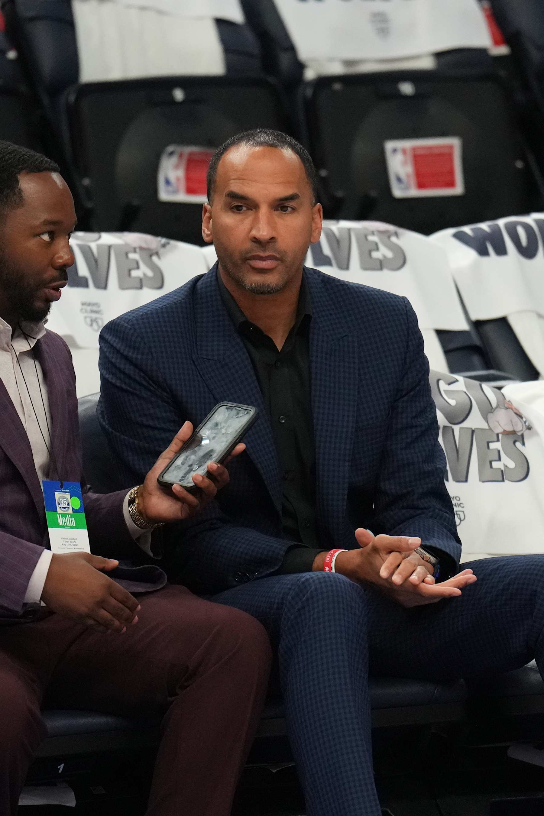 MINNEAPOLIS, MN -  MAY 24: General manager Nico Harrison of the Dallas Mavericks sits court side during the game against the Minnesota Timberwolves during Game 2 of the Western Conference Finals of the 2024 NBA Playoffs on February 24, 2024 at Target Center in Minneapolis, Minnesota. NOTE TO USER: User expressly acknowledges and agrees that, by downloading and or using this Photograph, user is consenting to the terms and conditions of the Getty Images License Agreement. Mandatory Copyright Notice: Copyright 2024 NBAE (Photo by Jesse D. Garrabrant/NBAE via Getty Images)