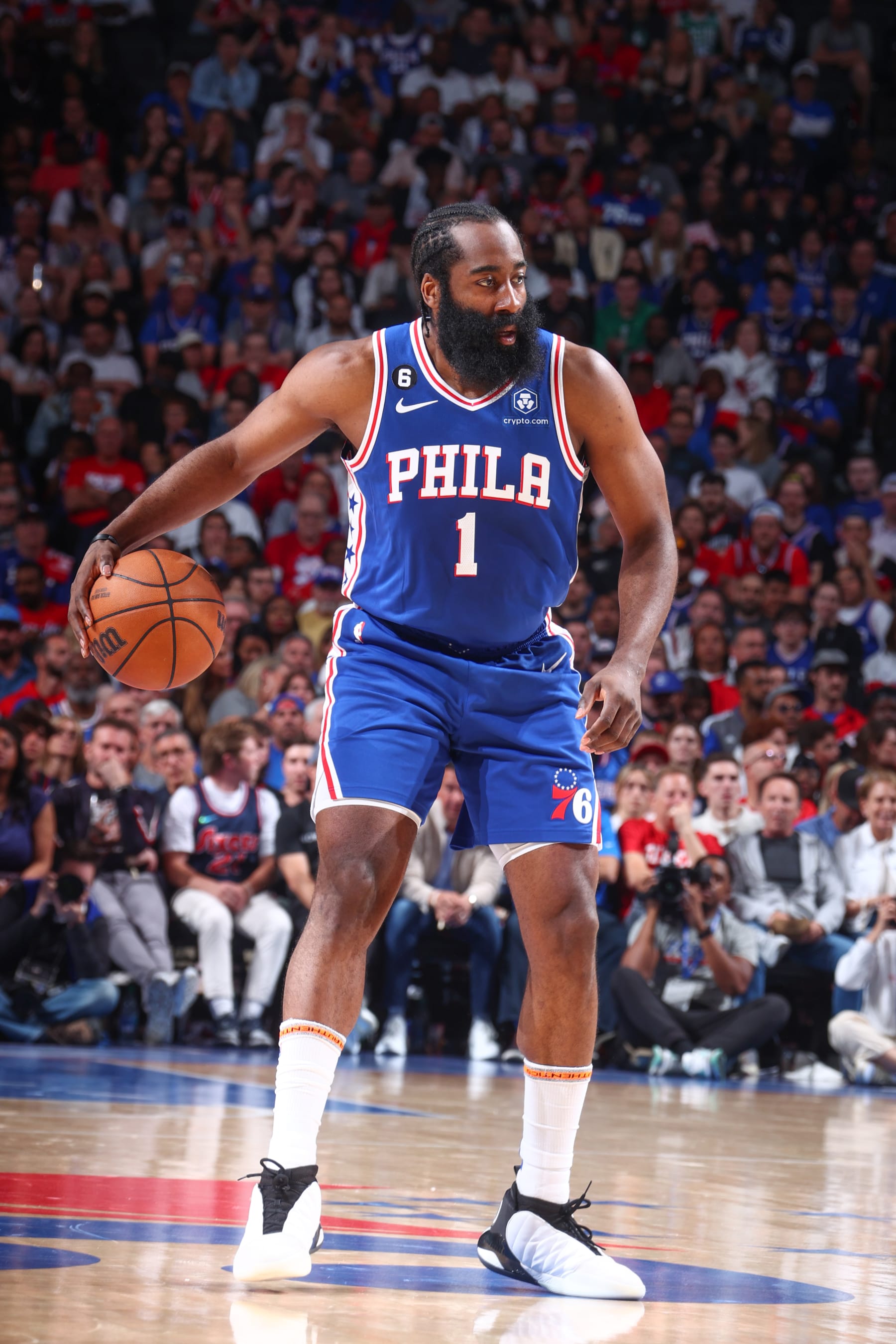 PHILADELPHIA, PA - MAY 11:  James Harden #1 of the Philadelphia 76ers goes to the basket during the game during round two game six of the 2023 NBA Playoffs on on May 11, 2023 at the Wells Fargo Center in Philadelphia, Pennsylvania NOTE TO USER: User expressly acknowledges and agrees that, by downloading and/or using this Photograph, user is consenting to the terms and conditions of the Getty Images License Agreement. Mandatory Copyright Notice: Copyright 2023 NBAE (Photo by Nathaniel S. Butler/NBAE via Getty Images)