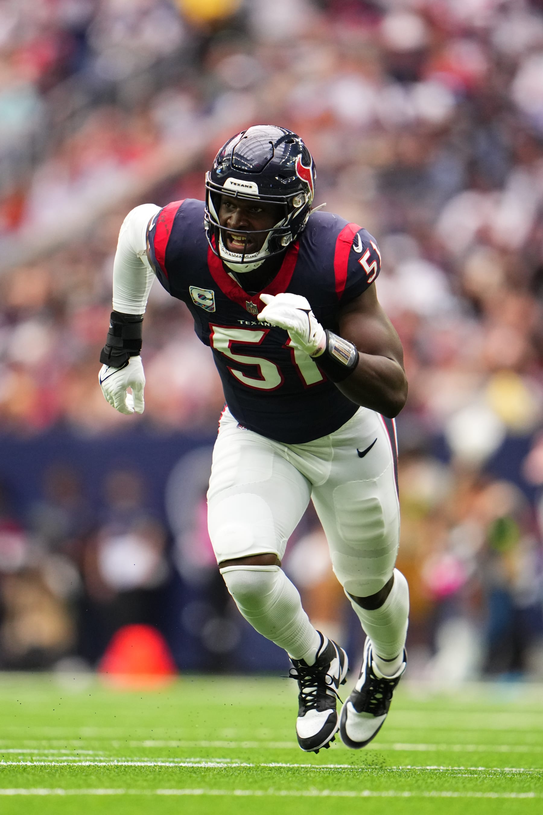 HOUSTON, TX - OCTOBER 15: Will Anderson Jr. #51 of the Houston Texans defends against the New Orleans Saints during the first half at NRG Stadium on October 15, 2023 in Houston, Texas. (Photo by Cooper Neill/Getty Images)