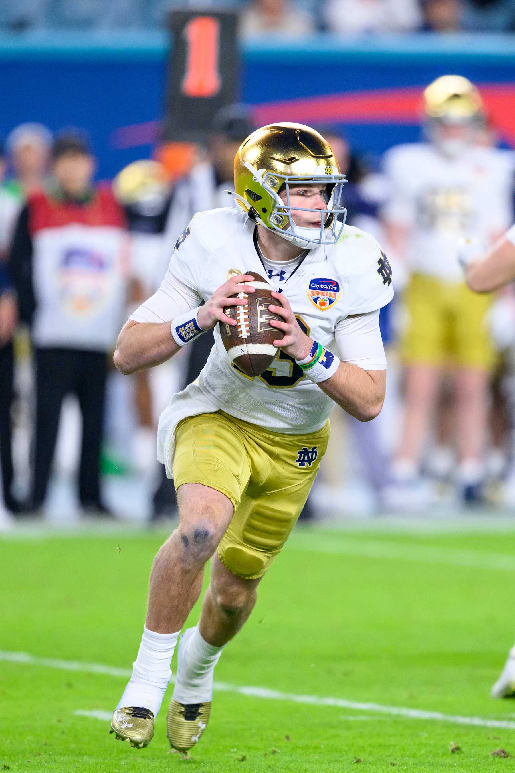 MIAMI GARDENS, FL - JANUARY 09: Quarterback Riley Leonard #13 of the Notre Dame Fighting Irish looks to throw the ball during the Penn State Nittany Lions versus Notre Dame Fighting Irish College Football Playoff Semifinal at the Capital One Orange Bowl on January 9, 2025, at Hard Rock Stadium in Miami Gardens, FL. (Photo by Doug Murray/Icon Sportswire via Getty Images)