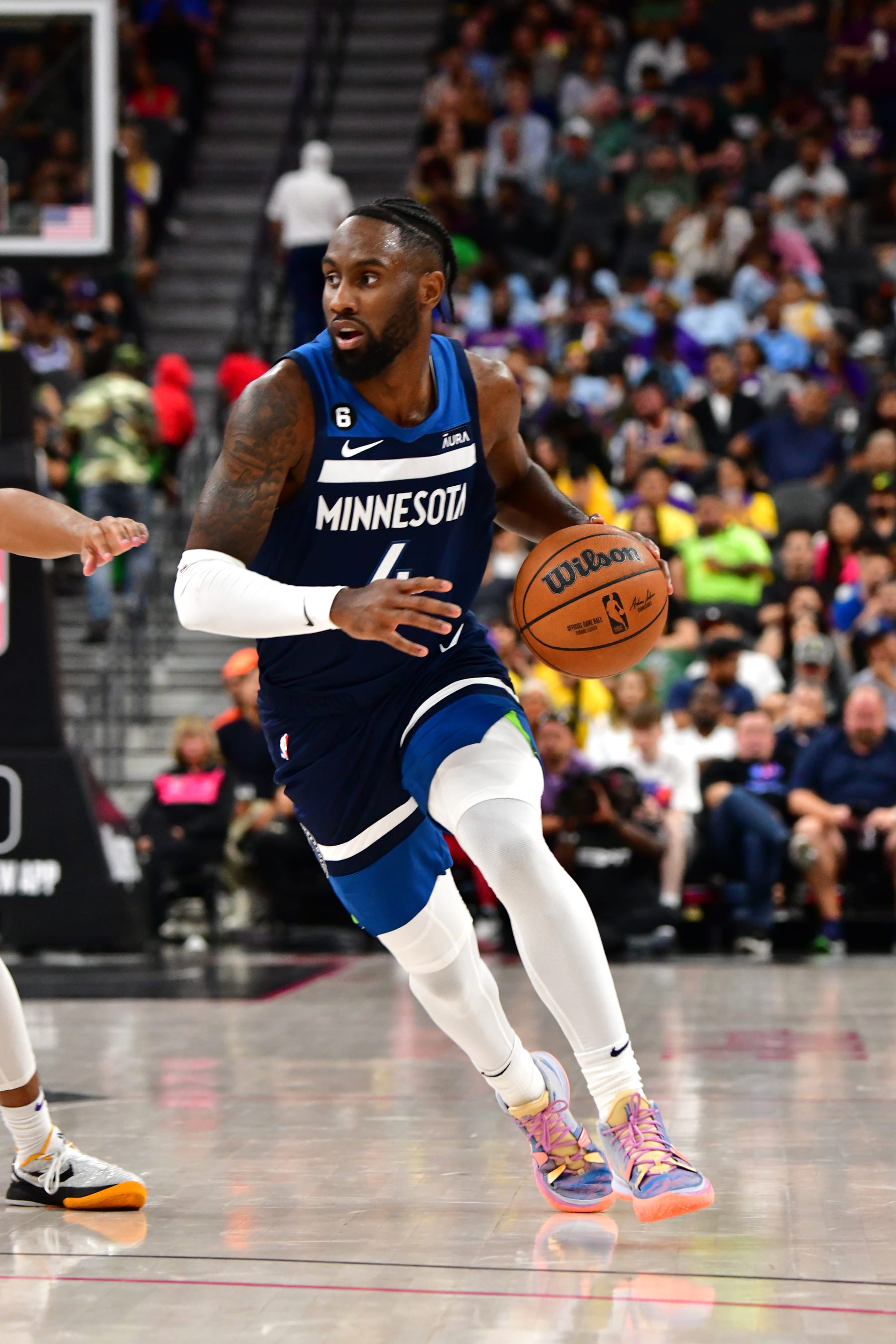 LAS VEGAS, NV - OCTOBER 6: Jaylen Nowell #4 of the Minnesota Timberwolves dribbles the ball during the game against the Los Angeles Lakers on October 6, 2022 at Michelob ULTRA Arena in Las Vegas, Nevada. NOTE TO USER: User expressly acknowledges and agrees that, by downloading and or using this photograph, User is consenting to the terms and conditions of the Getty Images License Agreement. Mandatory Copyright Notice: Copyright 2022 NBAE (Photo by Barry Gossage/NBAE via Getty Images)