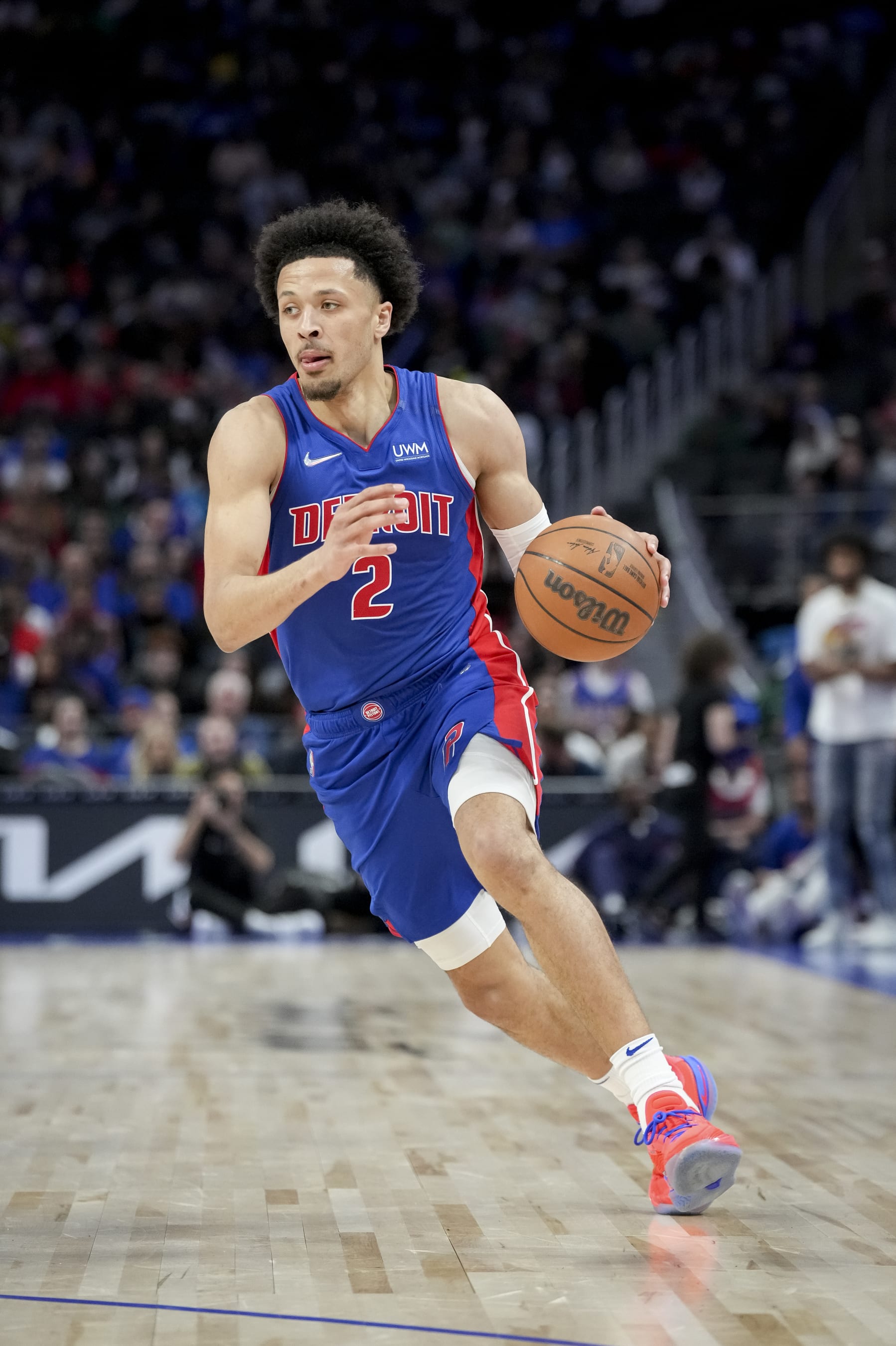 DETROIT, MICHIGAN - APRIL 08: Cade Cunningham #2 of the Detroit Pistons handles the ball against the Milwaukee Bucks during the second quarter at Little Caesars Arena on April 08, 2022 in Detroit, Michigan. NOTE TO USER: User expressly acknowledges and agrees that, by downloading and or using this photograph, User is consenting to the terms and conditions of the Getty Images License Agreement. (Photo by Nic Antaya/Getty Images)
