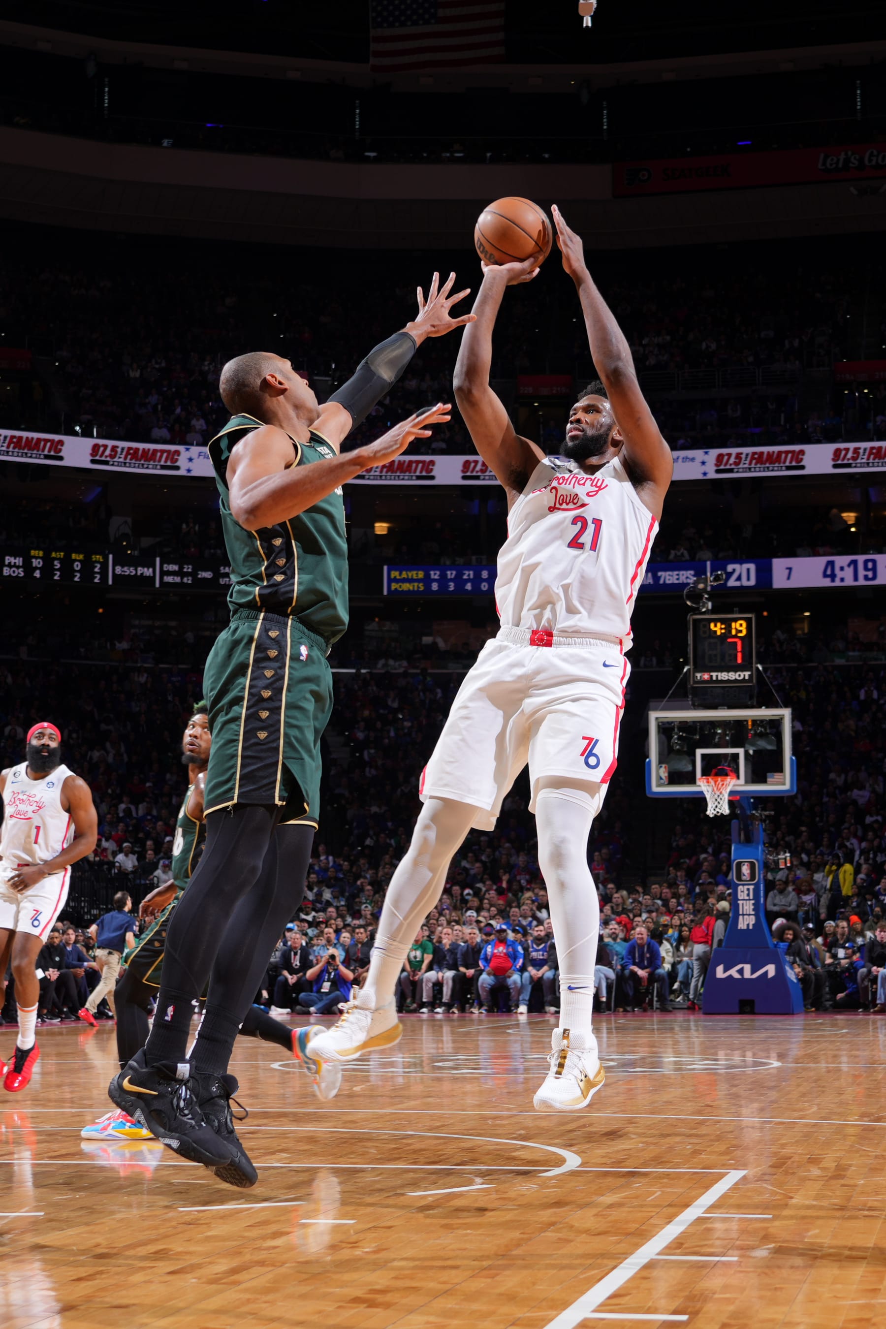 PHILADELPHIA, PA - FEBRUARY 25: Joel Embiid #21 of the Philadelphia 76ers shoots the ball during the game against the Boston Celtics on February 25, 2023 at the Wells Fargo Center in Philadelphia, Pennsylvania NOTE TO USER: User expressly acknowledges and agrees that, by downloading and/or using this Photograph, user is consenting to the terms and conditions of the Getty Images License Agreement. Mandatory Copyright Notice: Copyright 2023 NBAE (Photo by Jesse D. Garrabrant/NBAE via Getty Images)
