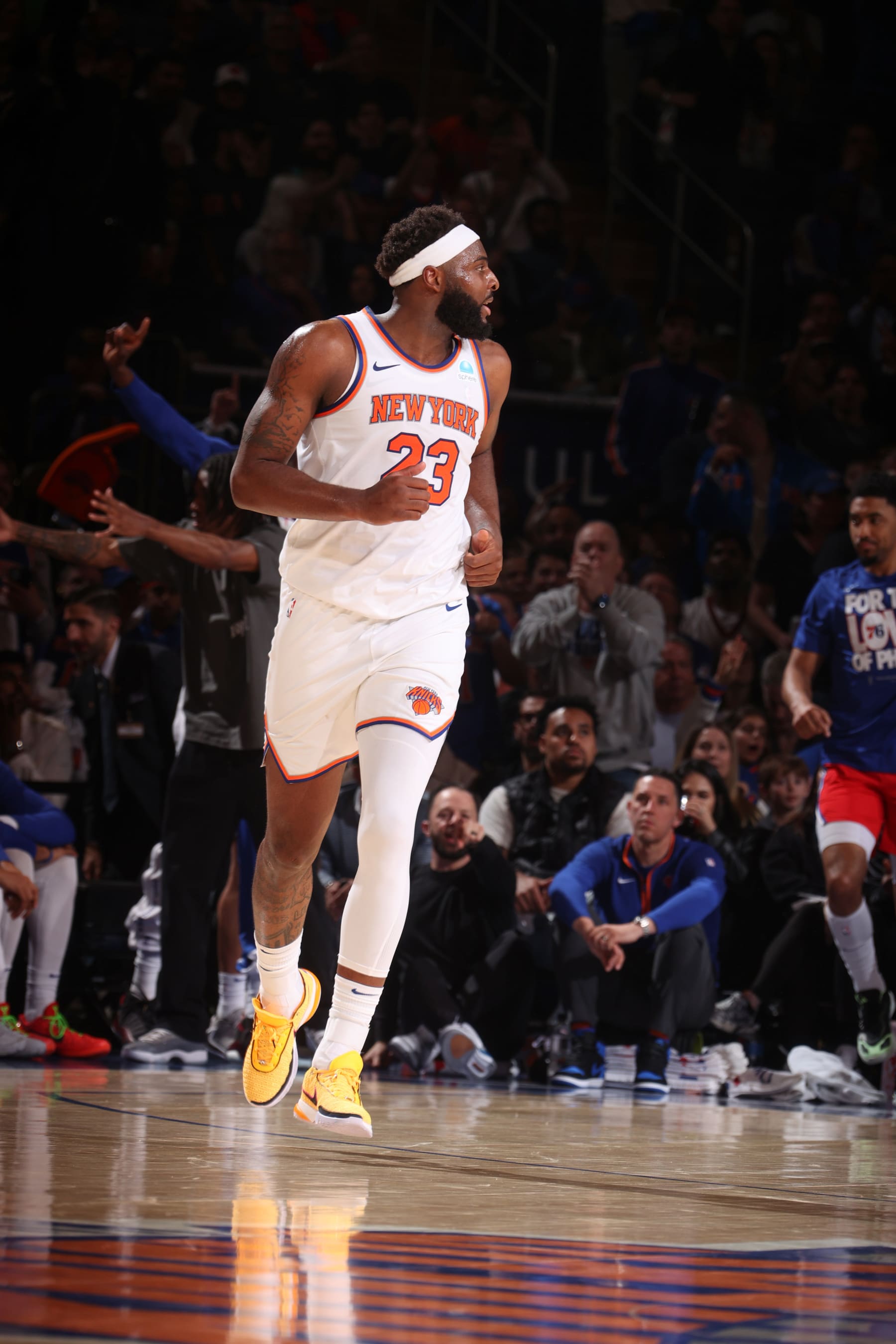 NEW YORK, NY - APRIL 20:  Mitchell Robinson #23 of the New York Knicks looks on during the game against the Philadelphia 76ers during Round 1 Game 1 of the 2024 NBA Playoffs on April 20, 2024 at Madison Square Garden in New York City, New York.  NOTE TO USER: User expressly acknowledges and agrees that, by downloading and or using this photograph, User is consenting to the terms and conditions of the Getty Images License Agreement. Mandatory Copyright Notice: Copyright 2024 NBAE  (Photo by Nathaniel S. Butler/NBAE via Getty Images)