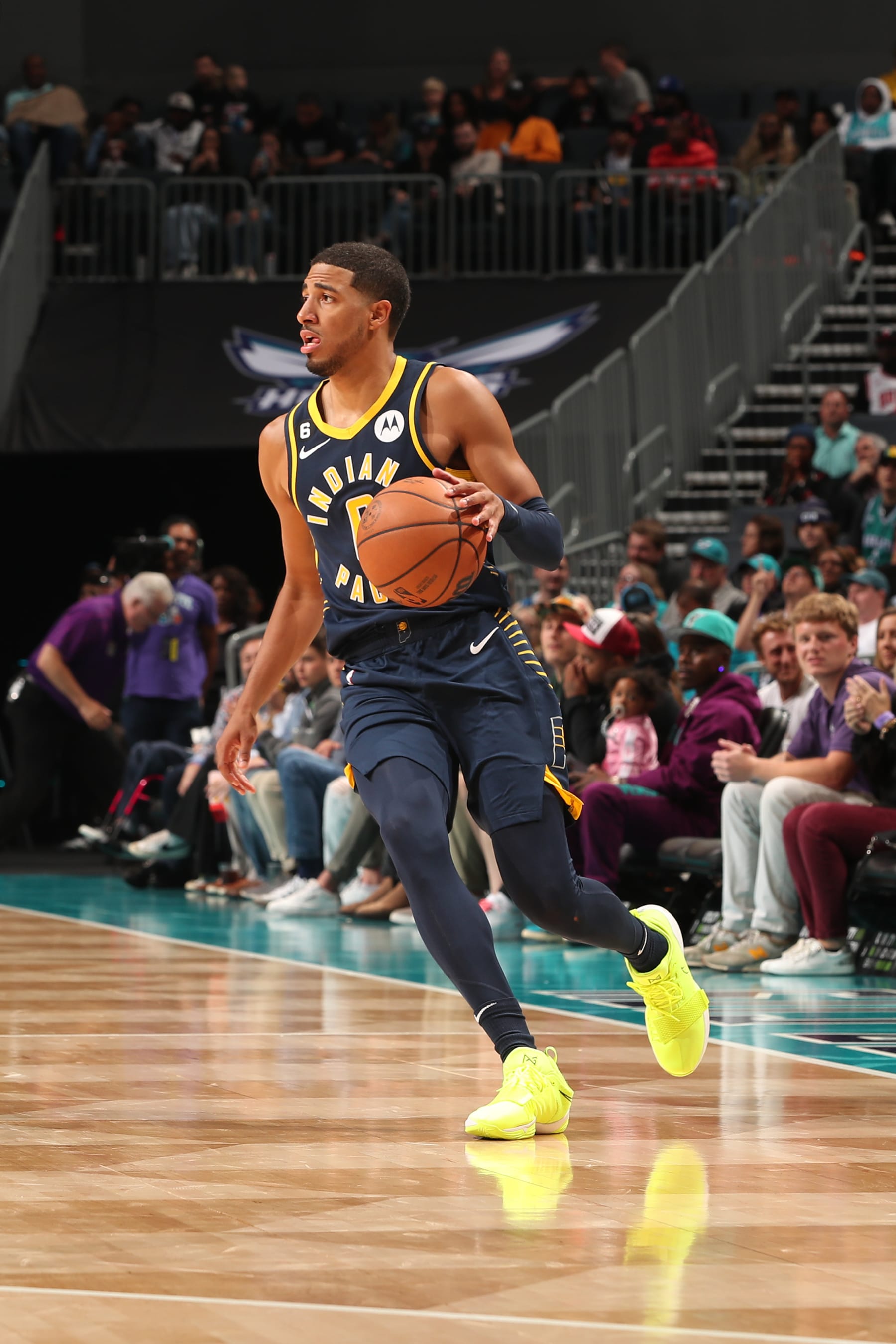 CHARLOTTE, NC - OCTOBER 5: Tyrese Haliburton #0 of the Indiana Pacers dribbles the ball during the game against the Charlotte Hornets on October 5, 2022 at Spectrum Center in Charlotte, North Carolina. NOTE TO USER: User expressly acknowledges and agrees that, by downloading and or using this photograph, User is consenting to the terms and conditions of the Getty Images License Agreement. Mandatory Copyright Notice: Copyright 2022 NBAE (Photo by Kent Smith/NBAE via Getty Images)