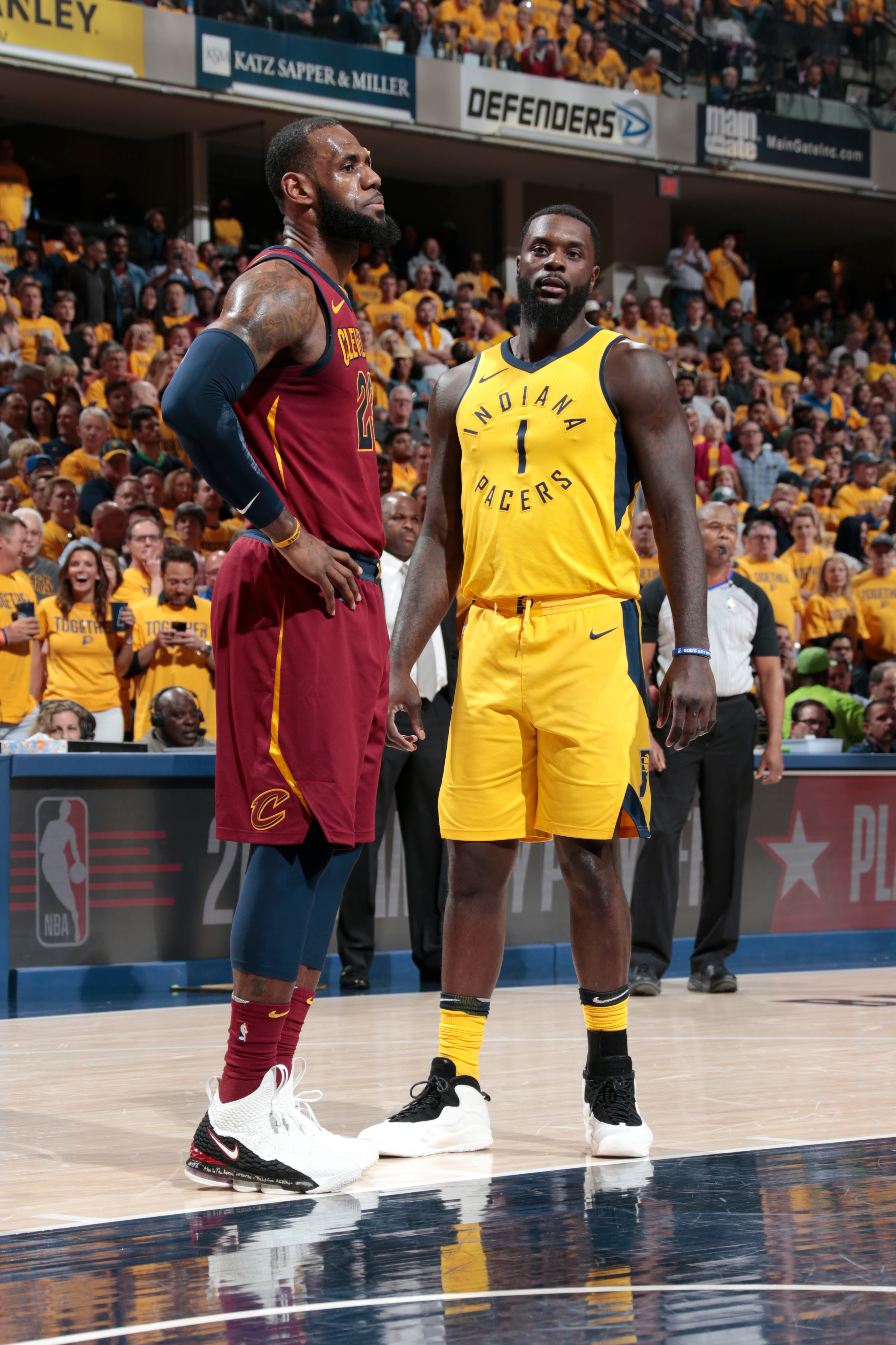 INDIANAPOLIS, IN - APRIL 27:  LeBron James #23 of the Cleveland Cavaliers and Lance Stephenson #1 of the Indiana Pacers look on during the game between the two teams in Game Six of the NBA Playoffs on April 27, 2018 at Bankers Life Fieldhouse in Indianapolis, Indiana. NOTE TO USER: User expressly acknowledges and agrees that, by downloading and or using this Photograph, user is consenting to the terms and conditions of the Getty Images License Agreement. Mandatory Copyright Notice: Copyright 2018 NBAE (Photo by Ron Hoskins/NBAE via Getty Images)