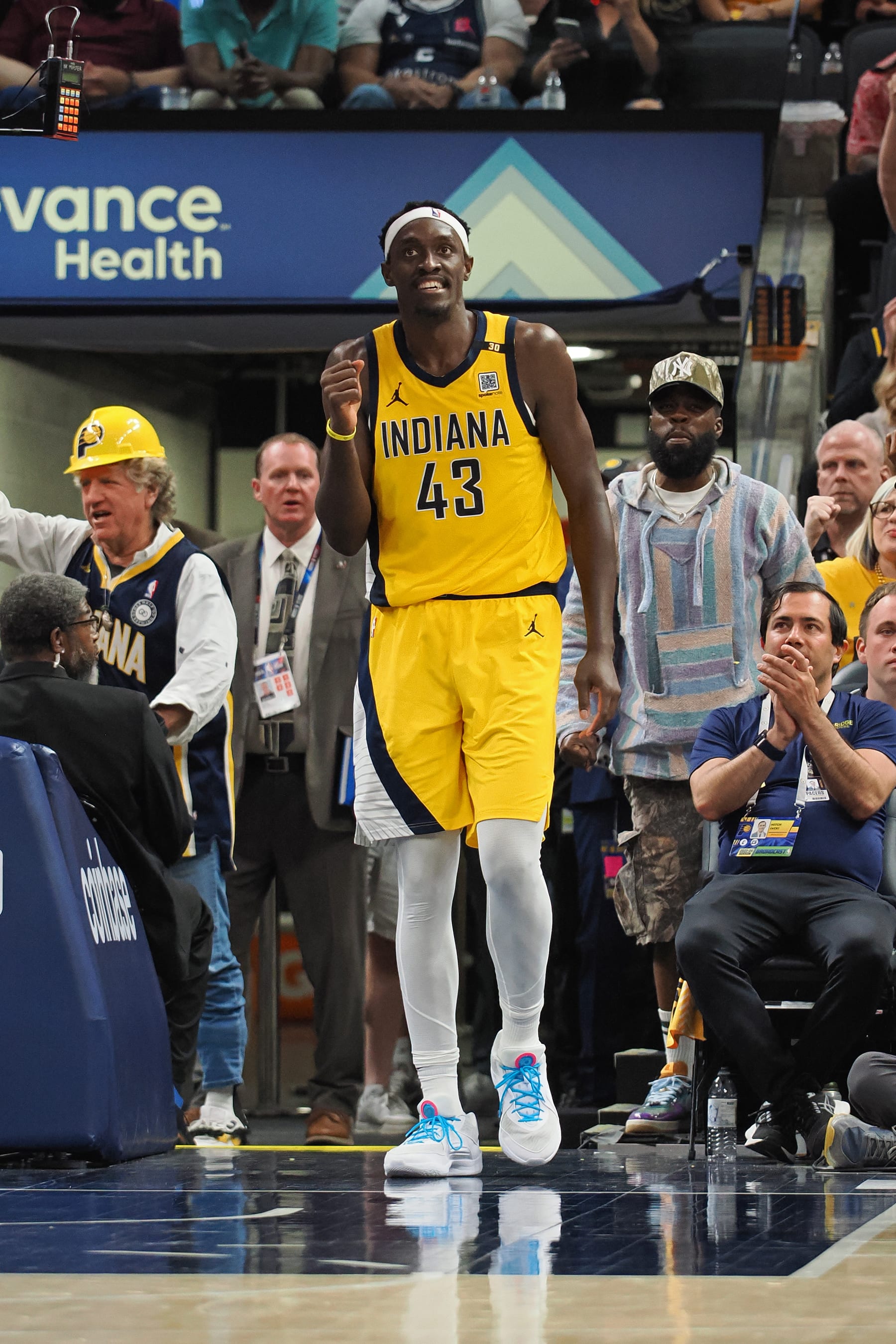 INDIANAPOLIS, IN - APRIL 28: Pascal Siakam #43 of the Indiana Pacers celebrates during the game against the Milwaukee Bucks during Round 1 Game 4 of the 2024 NBA Playoffs on April 28, 2024 at Gainbridge Fieldhouse in Indianapolis, Indiana. NOTE TO USER: User expressly acknowledges and agrees that, by downloading and or using this Photograph, user is consenting to the terms and conditions of the Getty Images License Agreement. Mandatory Copyright Notice: Copyright 2024 NBAE (Photo by Ron Hoskins/NBAE via Getty Images)