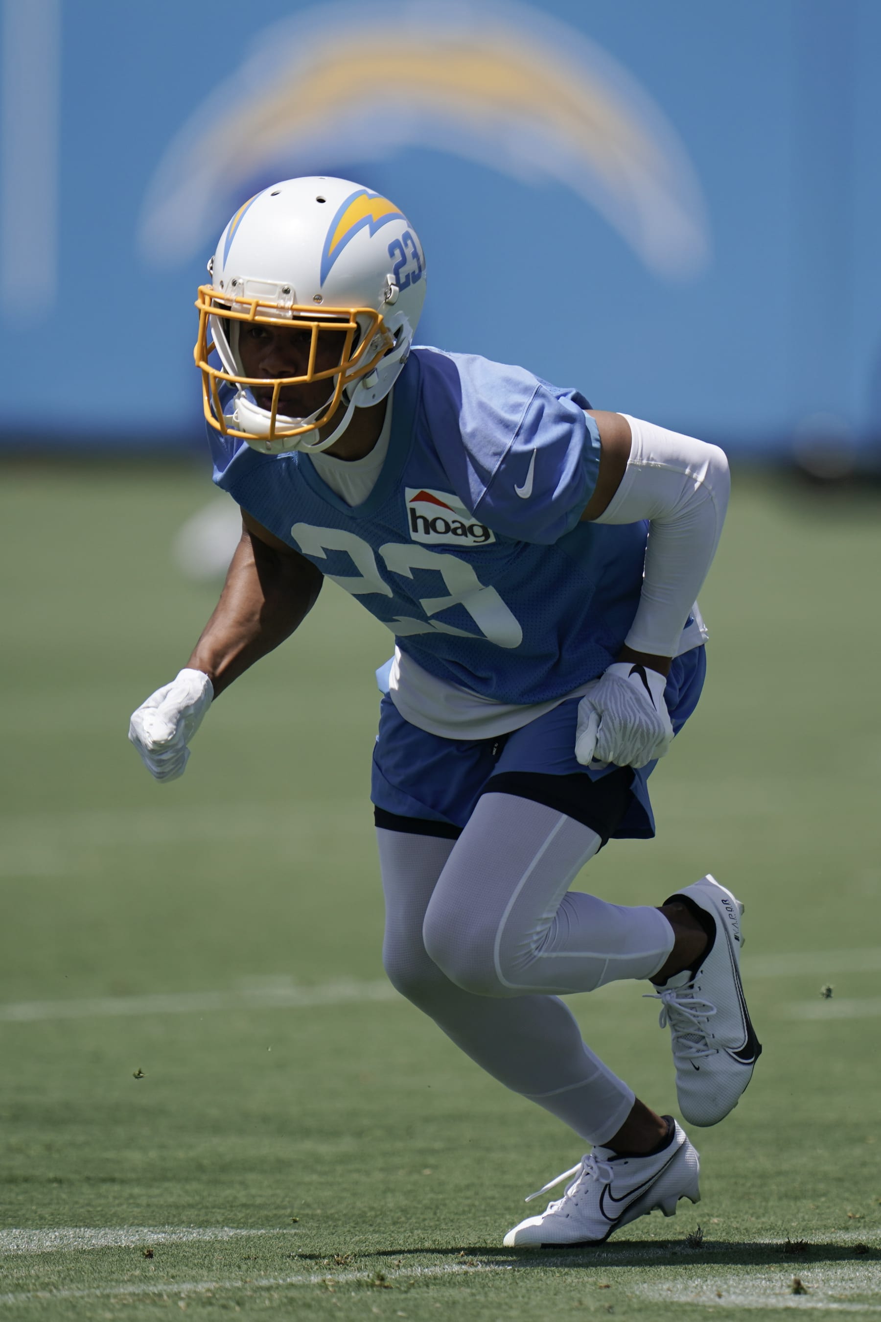 Los Angeles Chargers cornerback Bryce Callahan runs a drill at the NFL football team's practice facility Wednesday, June 15, 2022, in Costa Mesa, Calif. (AP Photo/Jae C. Hong)