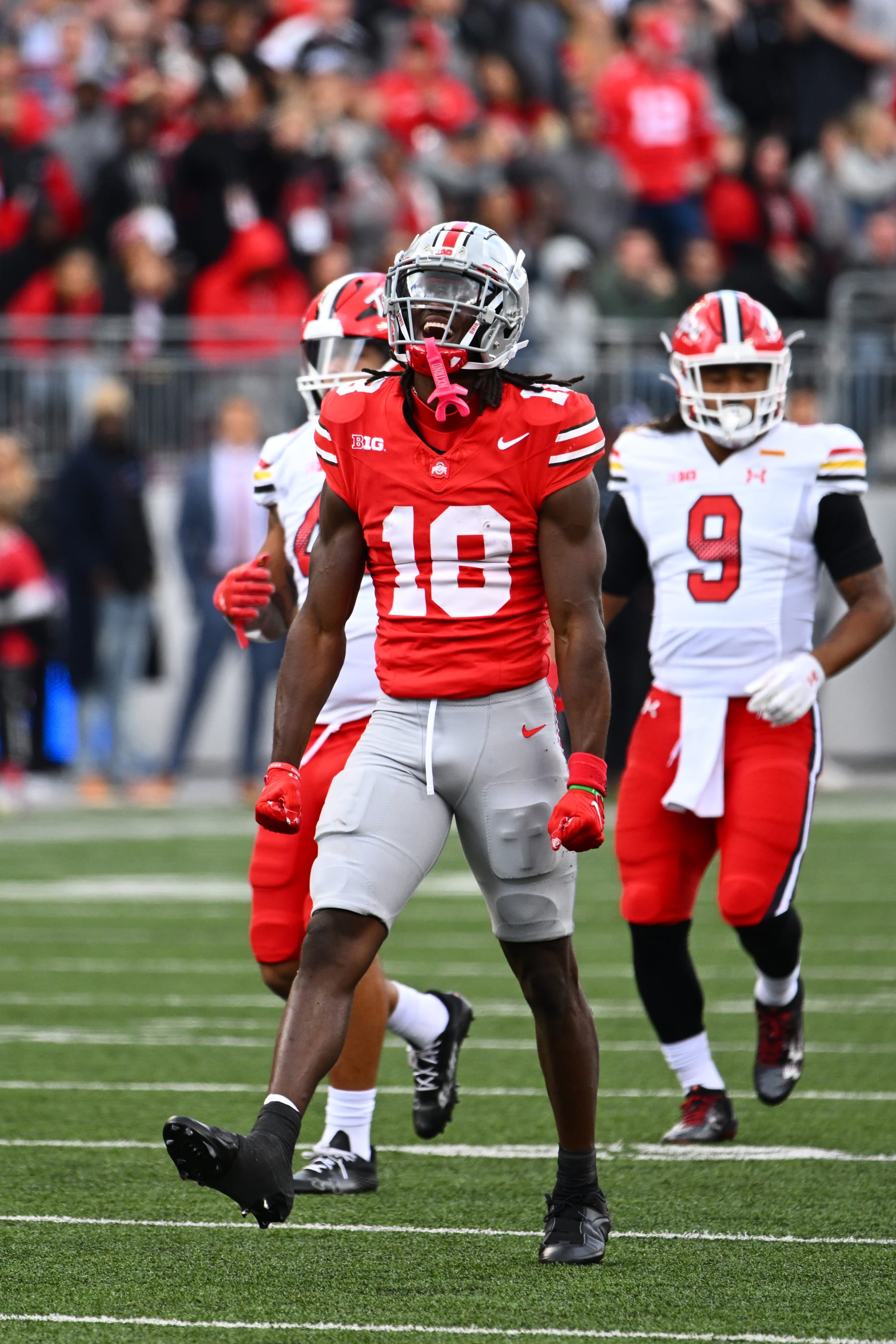 COLUMBUS, OHIO - OCTOBER 07: Marvin Harrison Jr. #18 of the Ohio State Buckeyes reacts after making a catch during the second quarter of a game against the Maryland Terrapins at Ohio Stadium on October 07, 2023 in Columbus, Ohio. (Photo by Ben Jackson/Getty Images)