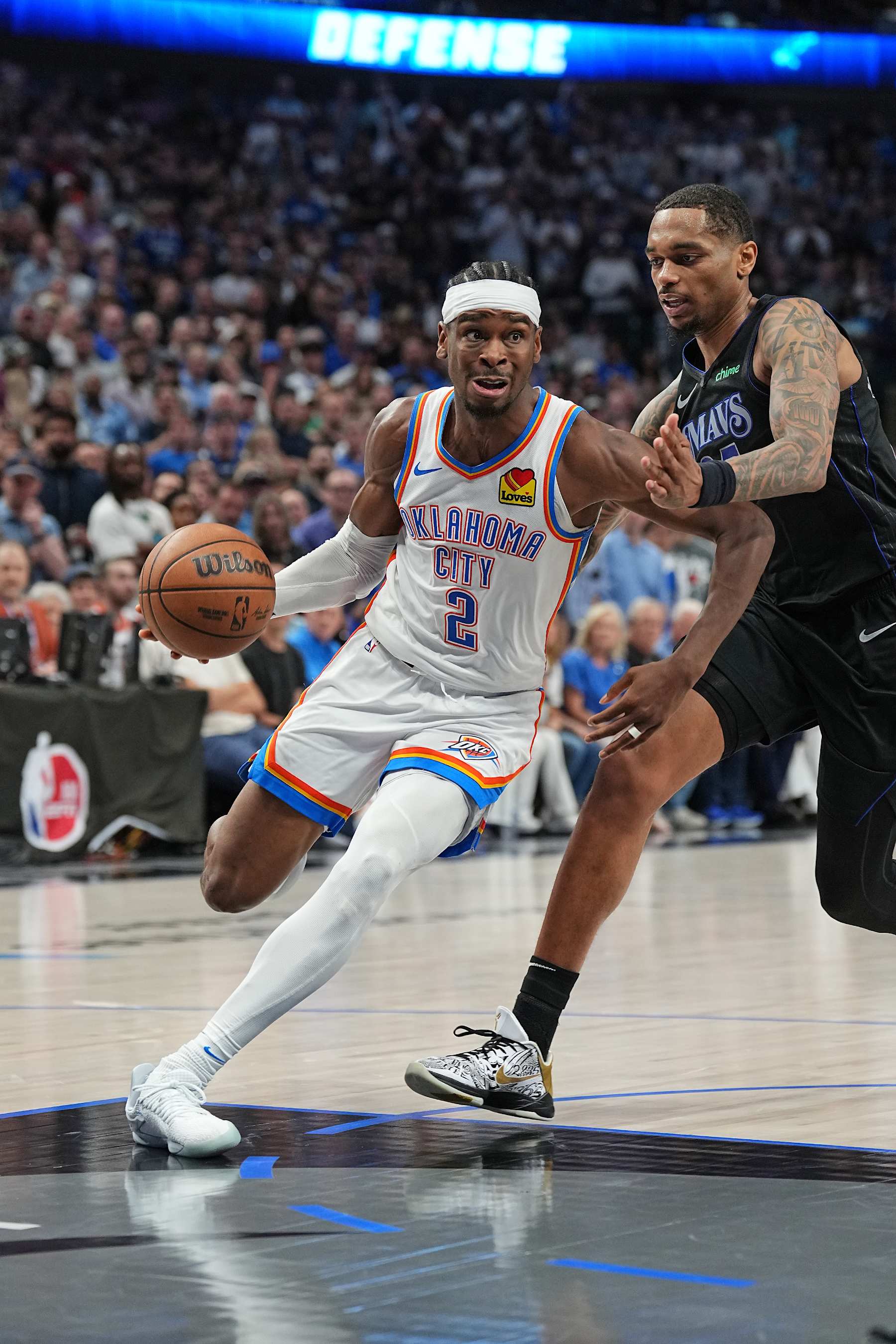 DALLAS, TX - MAY 18: Shai Gilgeous-Alexander #2 of the Oklahoma City Thunder drives to the basket during the game against the Dallas Mavericks during Round 2 Game 6 of the 2024 NBA Playoffs  on May 18, 2024  at the American Airlines Center in Dallas, Texas. NOTE TO USER: User expressly acknowledges and agrees that, by downloading and or using this photograph, User is consenting to the terms and conditions of the Getty Images License Agreement. Mandatory Copyright Notice: Copyright 2024 NBAE (Photo by Glenn James/NBAE via Getty Images)