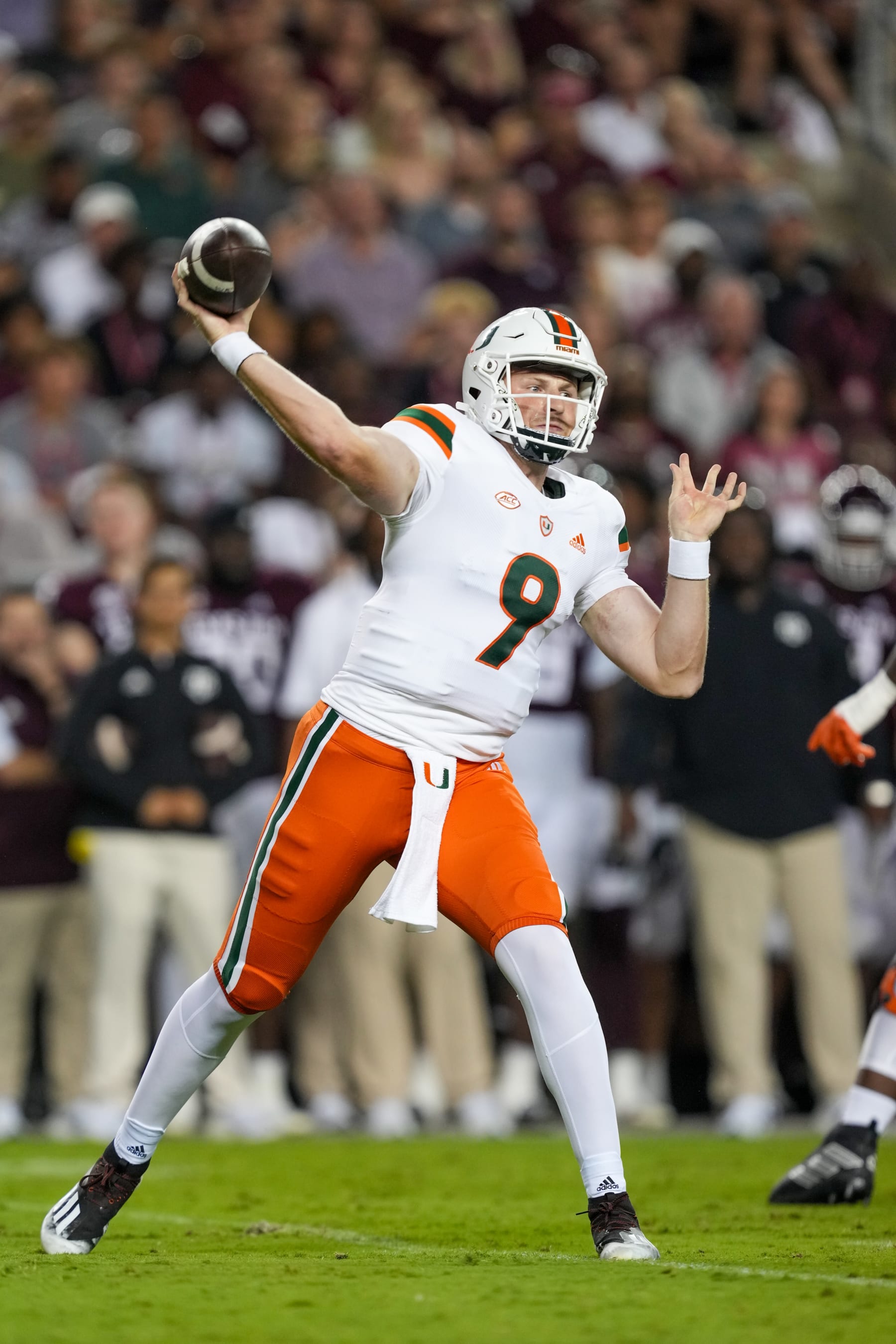 COLLEGE STATION, TX - SEPTEMBER 17: Miami Hurricanes quarterback Tyler Van Dyke (9) throws a pass during the game between the Miami Hurricanes and the Texas A&M Aggies on September 17, 2022, at Kyle Field in College Station, Texas. Photo by Daniel Dunn/Icon Sportswire via Getty Images)