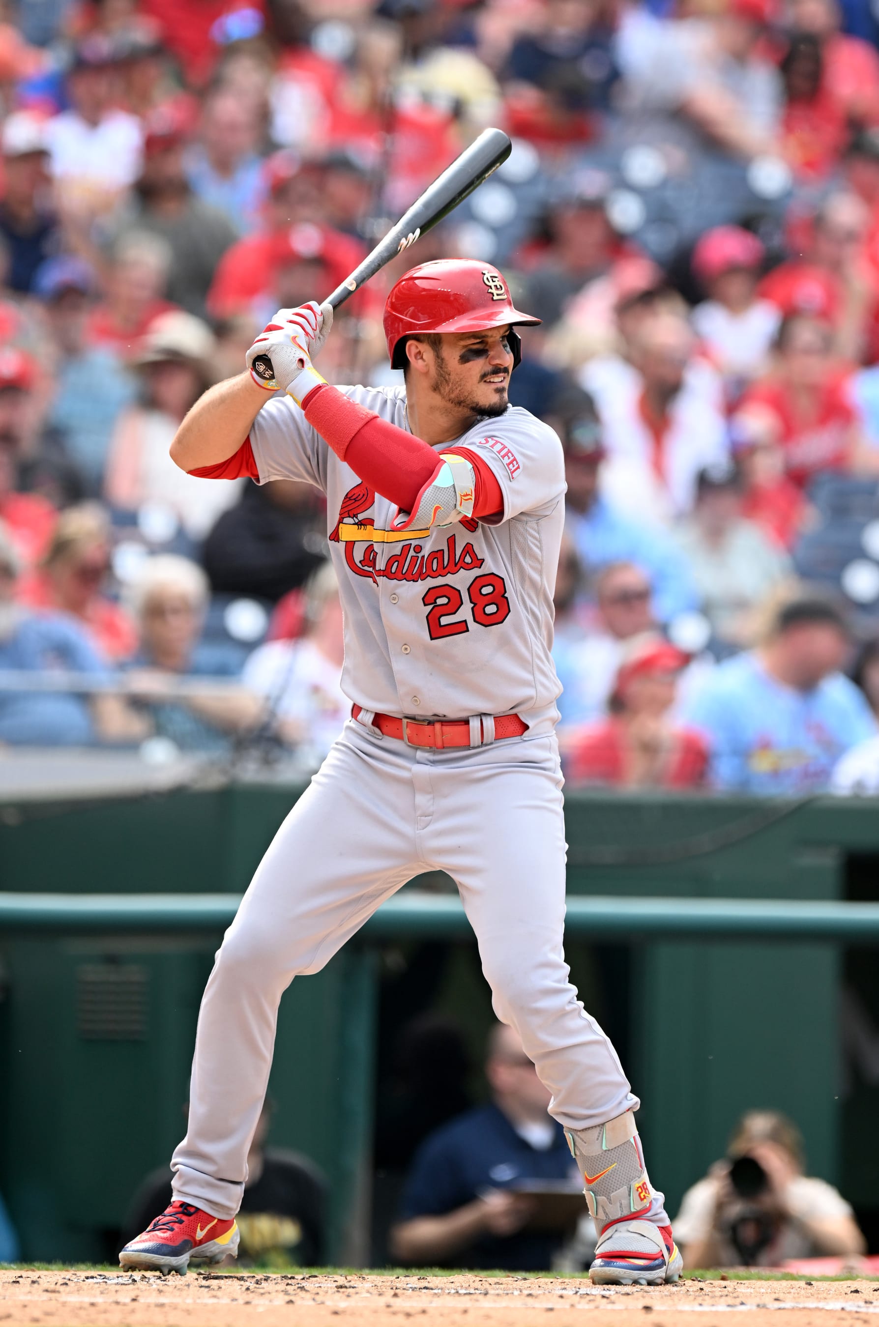 WASHINGTON, DC - JUNE 19: Nolan Arenado #28 of the St. Louis Cardinals bats against the Washington Nationals at Nationals Park on June 19, 2023 in Washington, DC. (Photo by G Fiume/Getty Images)