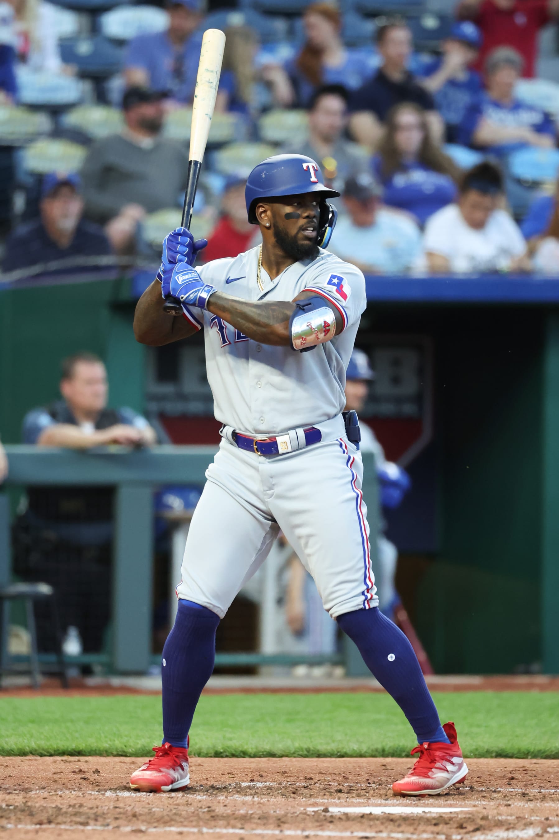 KANSAS CITY, MO - APRIL 18: Texas Rangers right fielder Adolis Garcia (53) bats during an MLB game between the Texas Rangers and Kansas City Royals on April 18, 2023 at Kauffman Stadium in Kansas City, MO. (Photo by Scott Winters/Icon Sportswire via Getty Images)