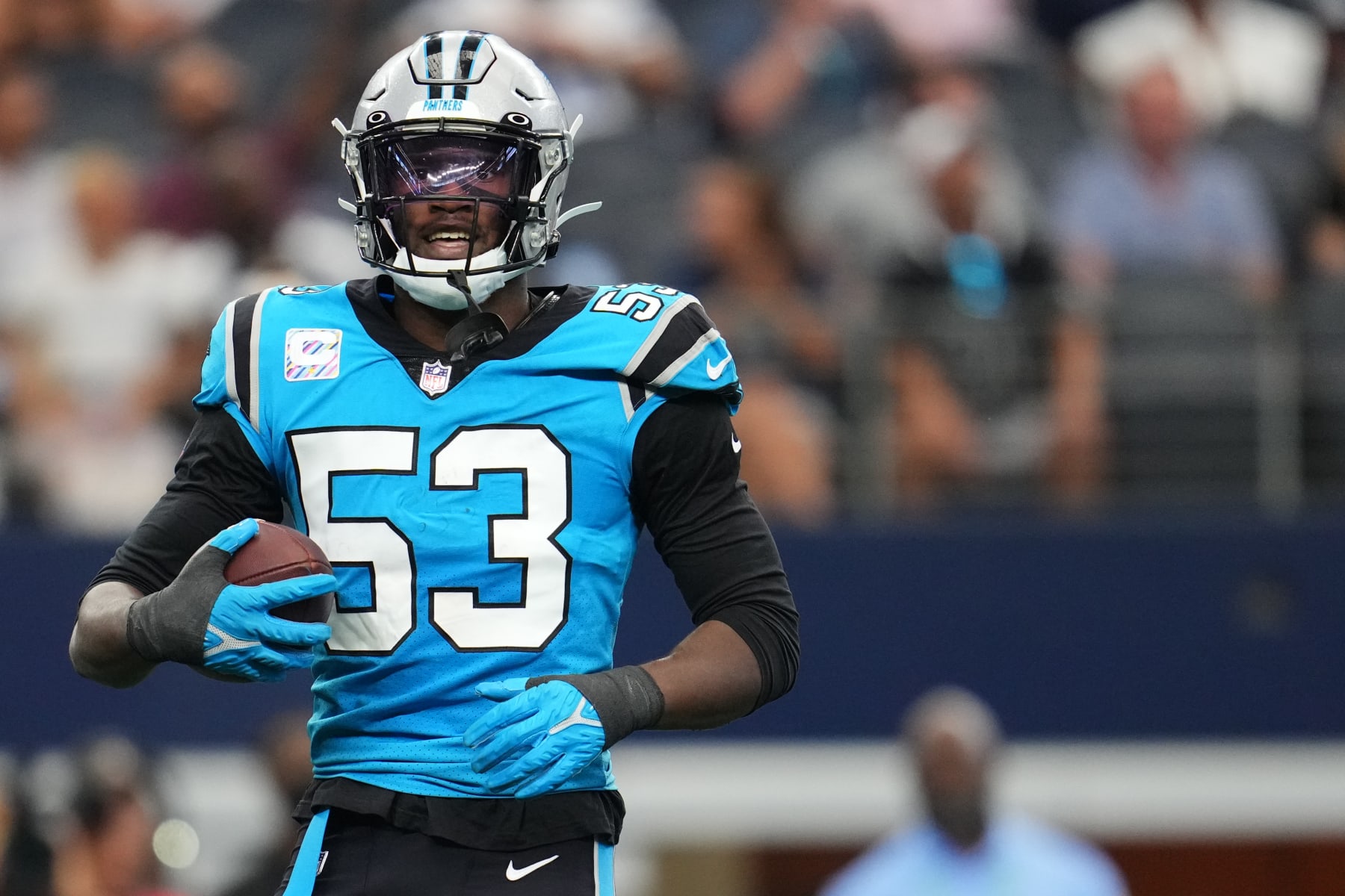 ARLINGTON, TEXAS - OCTOBER 03: Brian Burns #53 of the Carolina Panthers celebrates against the Dallas Cowboys during an NFL game at AT&T Stadium on October 03, 2021 in Arlington, Texas. (Photo by Cooper Neill/Getty Images)