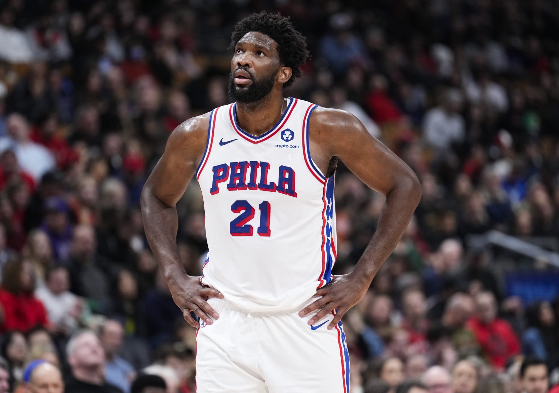 TORONTO, ON - OCTOBER 28: Joel Embiid #21 of Philadelphia 76ers looks on against the Toronto Raptors during first half of their basketball game at the Scotiabank Arena on October 28, 2023 in Toronto, Ontario, Canada. NOTE TO USER: User expressly acknowledges and agrees that, by downloading and/or using this Photograph, user is consenting to the terms and conditions of the Getty Images License Agreement. (Photo by Mark Blinch/Getty Images)