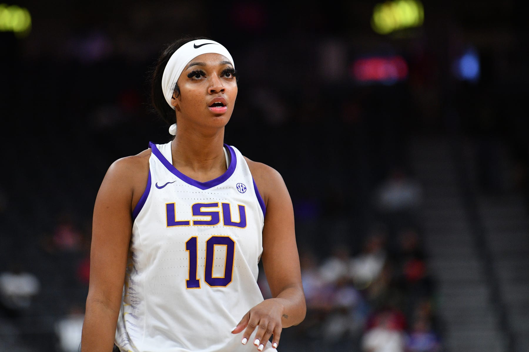 LAS VEGAS, NV - NOVEMBER 06: LSU Tigers forward Angel Reese (10) looks on during the Hall of Fame Series, a women's college basketball game between the LSU Tigers and the Colorado Buffaloes on November 6, 2023 at T-Mobile Arena in Las Vegas, NV. (Photo by Brian Rothmuller/Icon Sportswire via Getty Images)