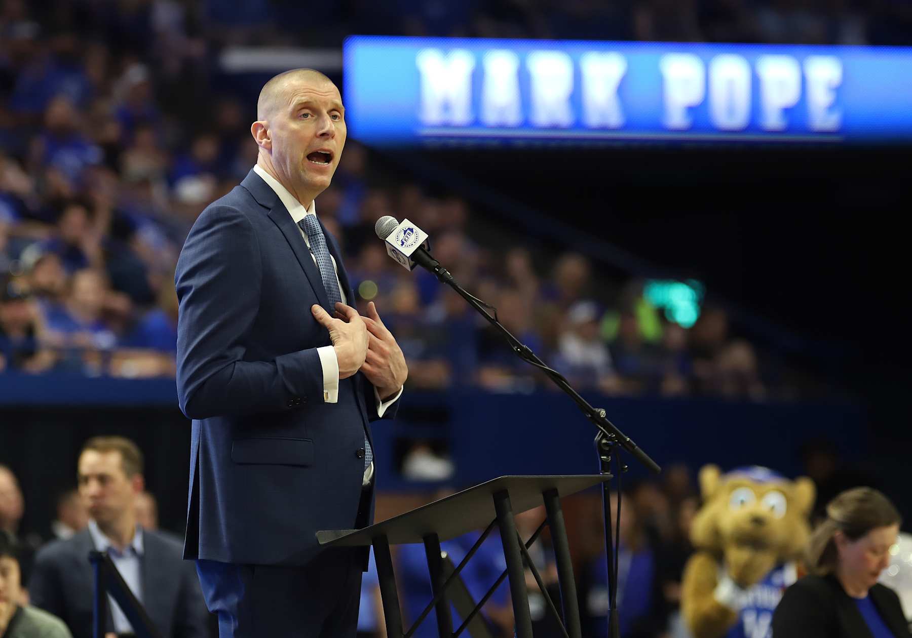 LEXINGTON, KY - APRIL 14: Mark Pope is introduced as the University of Kentucky's new men's head basketball coach on April 14, 2024, at Rupp Arena in Lexington, KY. Pope played for Kentucky from 1994-1996. He was team captain and helped lead Kentucky to a national championship in 1996. (Photo by Jeff Moreland/Icon Sportswire via Getty Images)