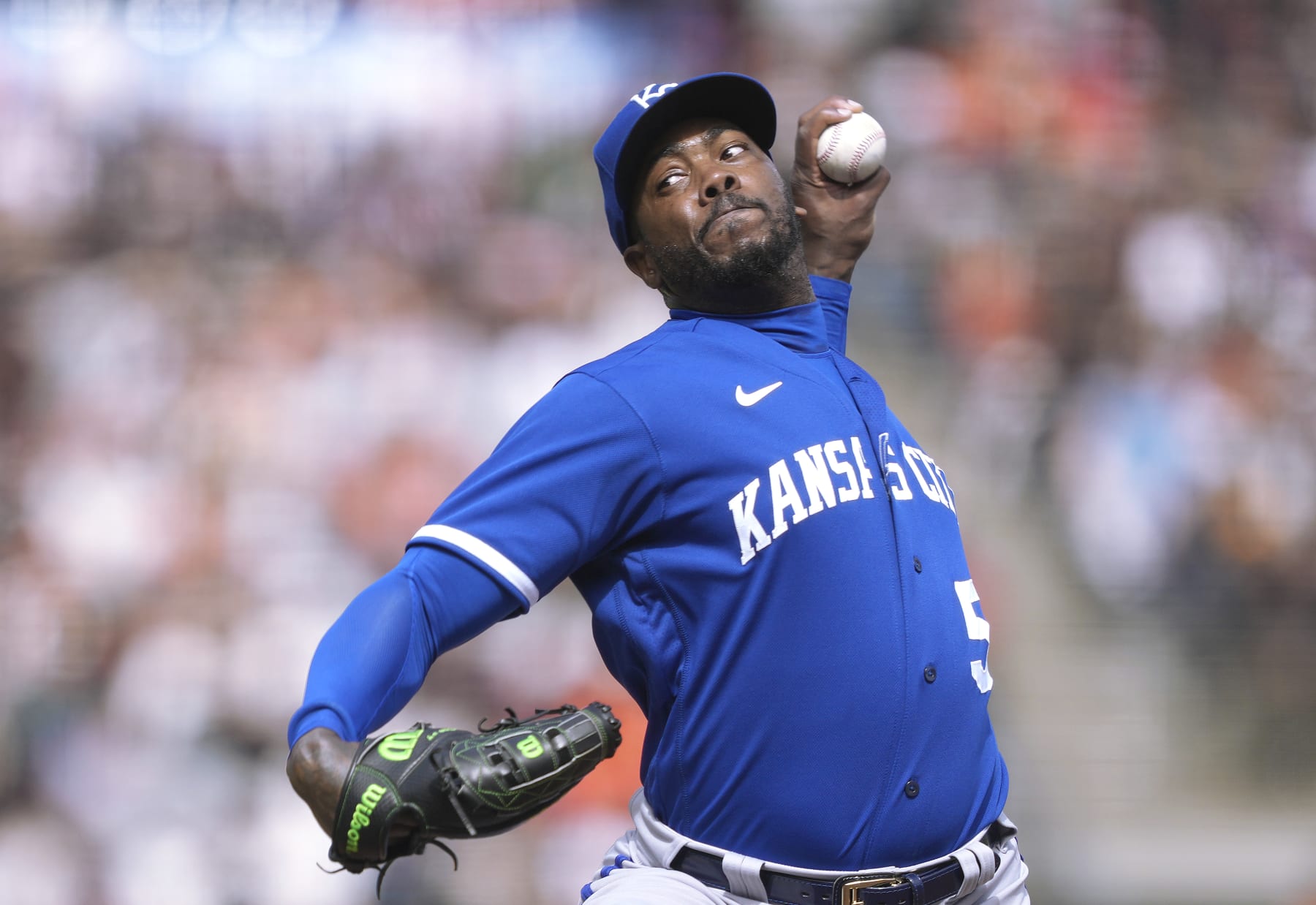 SAN FRANCISCO, CALIFORNIA - APRIL 08: Aroldis Chapman #54 of the Kansas City Royals pitches against the San Francisco Giants in the bottom of the ninth inning of a major league baseball game at Oracle Park on April 08, 2023 in San Francisco, California. (Photo by Thearon W. Henderson/Getty Images)