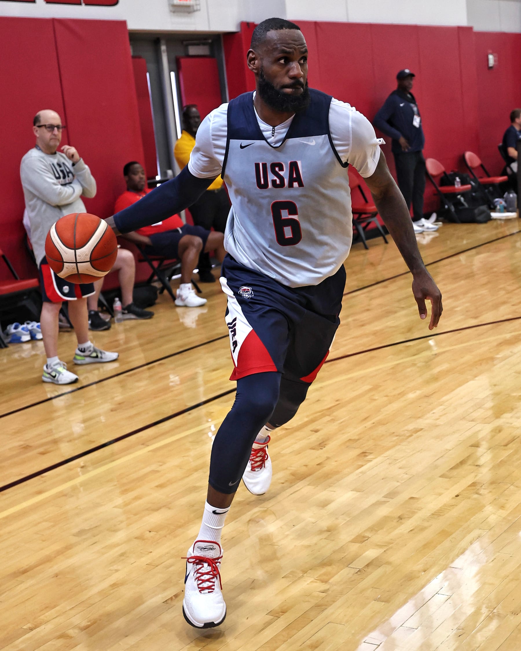 LAS VEGAS, NV - JULY 6: LeBron James #6 of the USA Basketball Men's Team dribbles the ball during USAB Men's Training Camp in Las Vegas on July 06, 2024 in Las Vegas Nevada. NOTE TO USER: User expressly acknowledges and agrees that, by downloading and/or using this Photograph, user is consenting to the terms and conditions of the Getty Images License Agreement. Mandatory Copyright Notice: Copyright 2024 NBAE (Photo by Jim Poorten/NBAE via Getty Images)