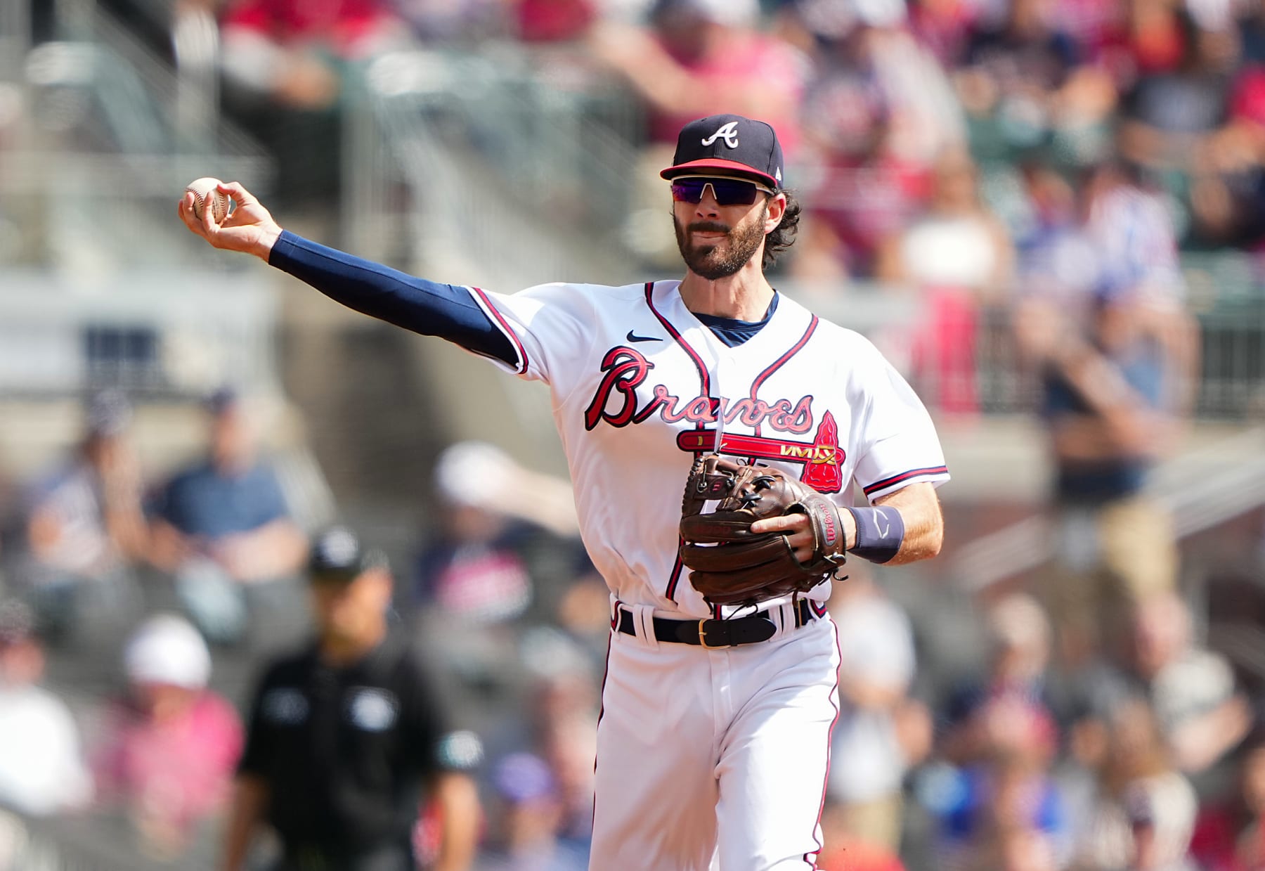 ATLANTA, GA - OCTOBER 11: Dansby Swanson #7 of the Atlanta Braves throws to first against the Philadelphia Phillies during the first inning in game one of the National League Division Series at Truist Park on October 11, 2022 in Atlanta, Georgia. (Photo by Kevin D. Liles/Atlanta Braves/Getty Images) ATLANTA, GA - OCTOBER 11: Dansby Swanson #7 of the Atlanta Braves throws to first against the Philadelphia Phillies during the first inning in game one of the National League Division Series at Truist Park on October 11, 2022 in Atlanta, Georgia. (Photo by Kevin D. Liles/Atlanta Braves/Getty Images)